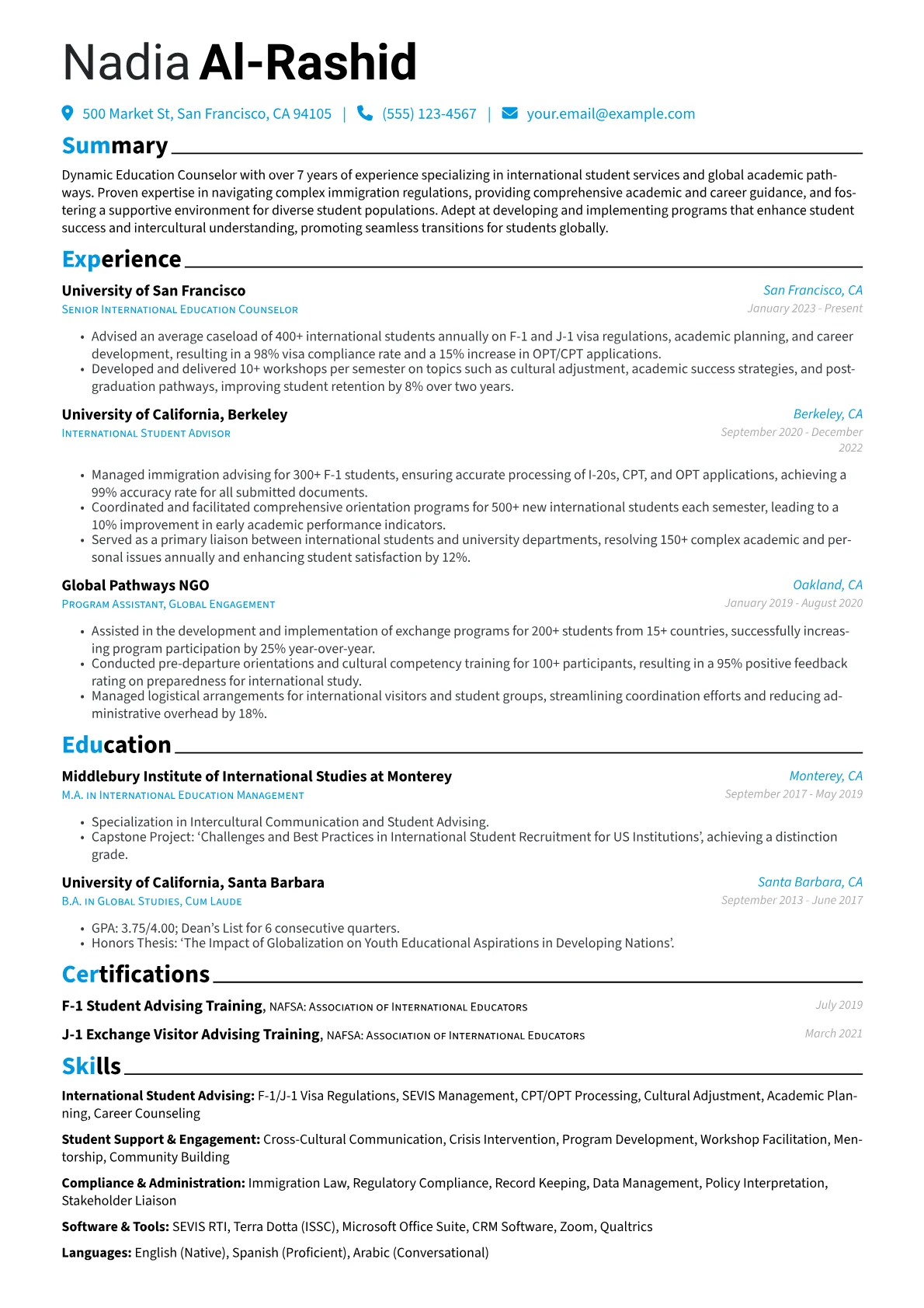 Education Counselor resume example, International Student, page 1
