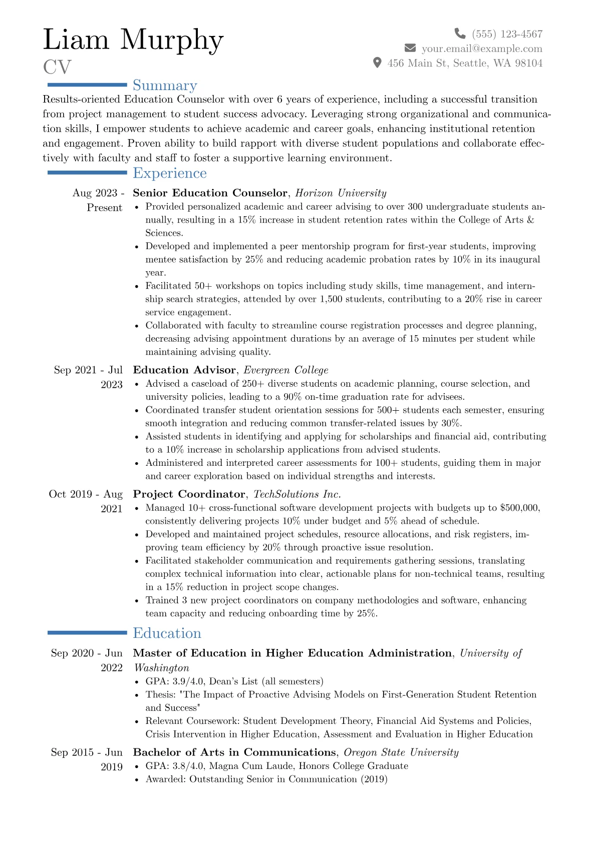 Education Counselor resume example, Career changer, page 1