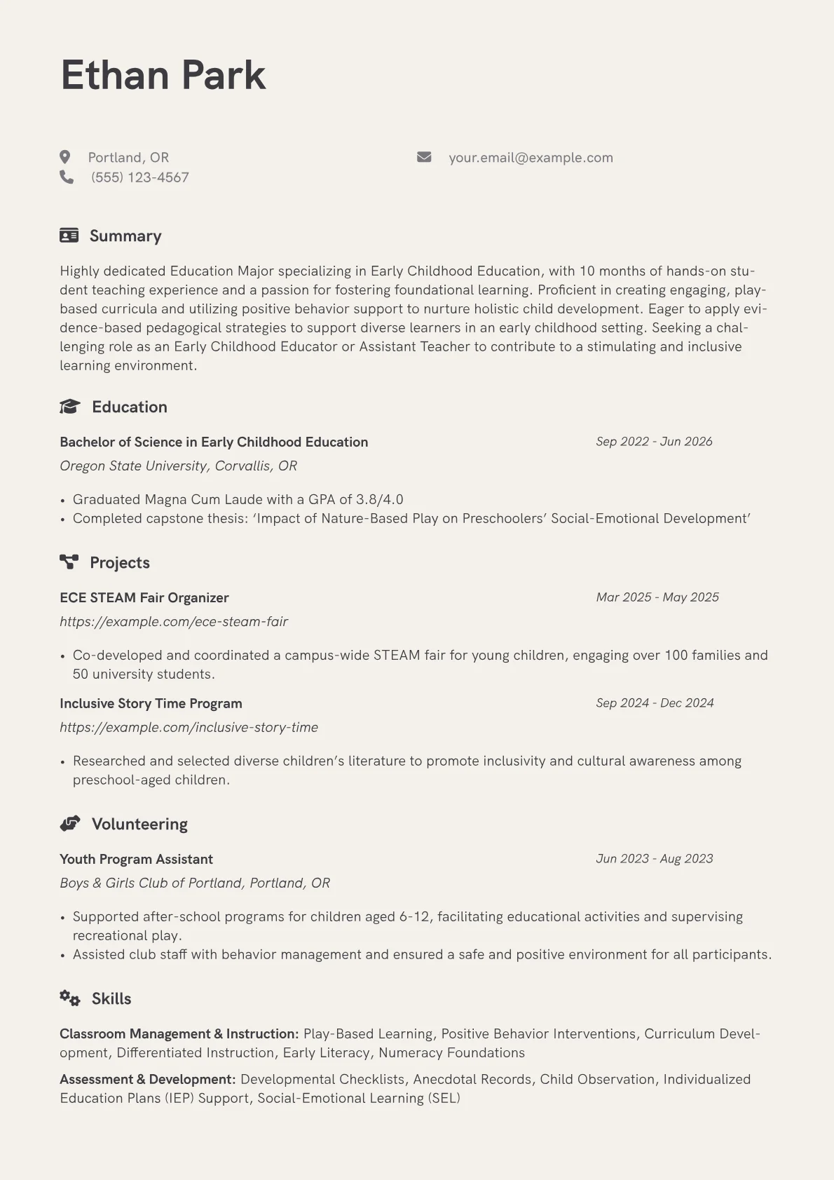 Education Major resume example, Early Childhood Education, page 1