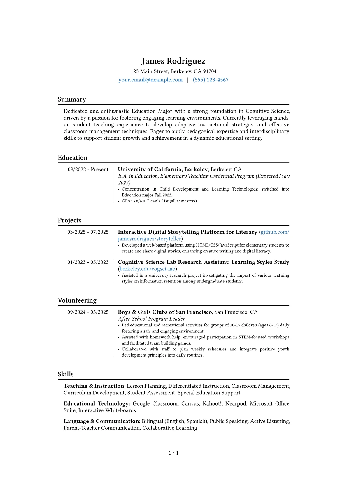 Education Major resume example, Career changer, page 1