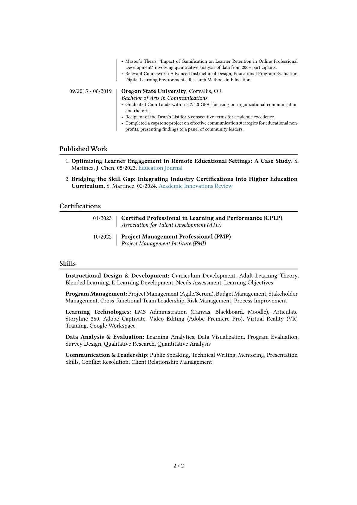Education Manager resume example, Career changer, page 2