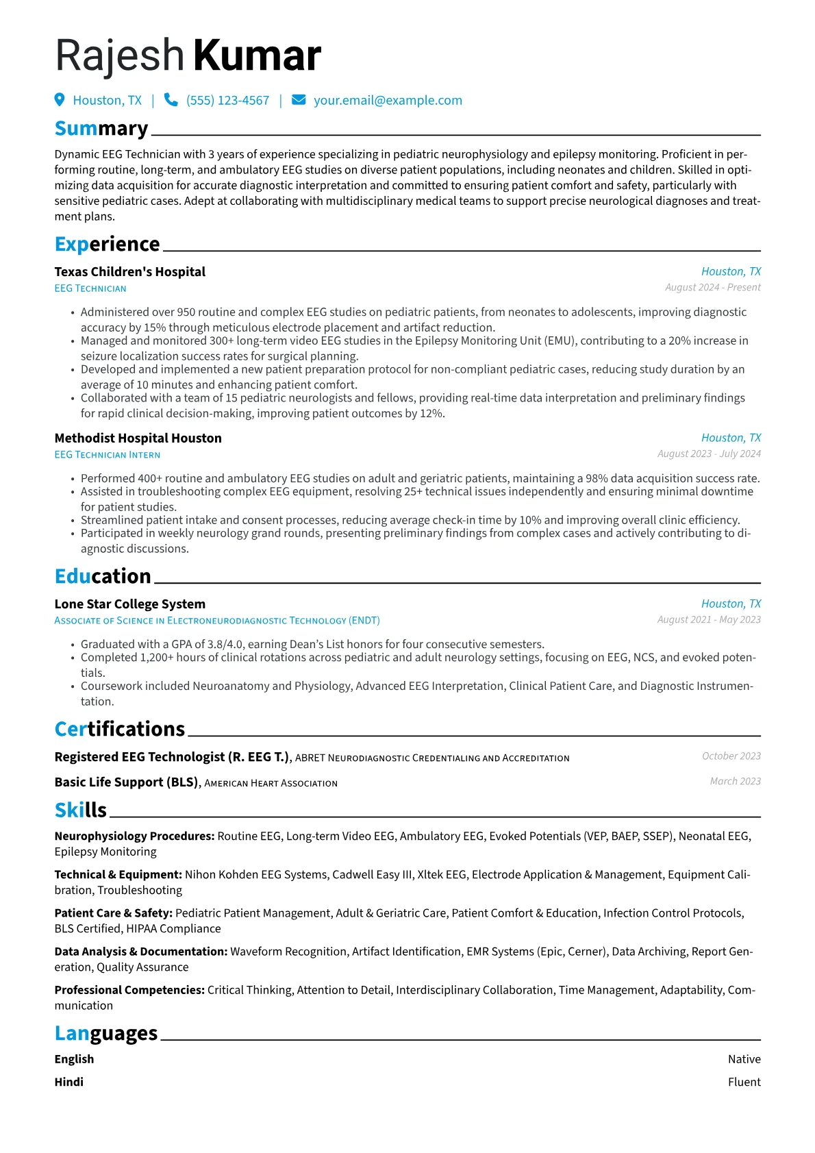 EEG Technician resume example, Pediatric EEG Specialist, page 1