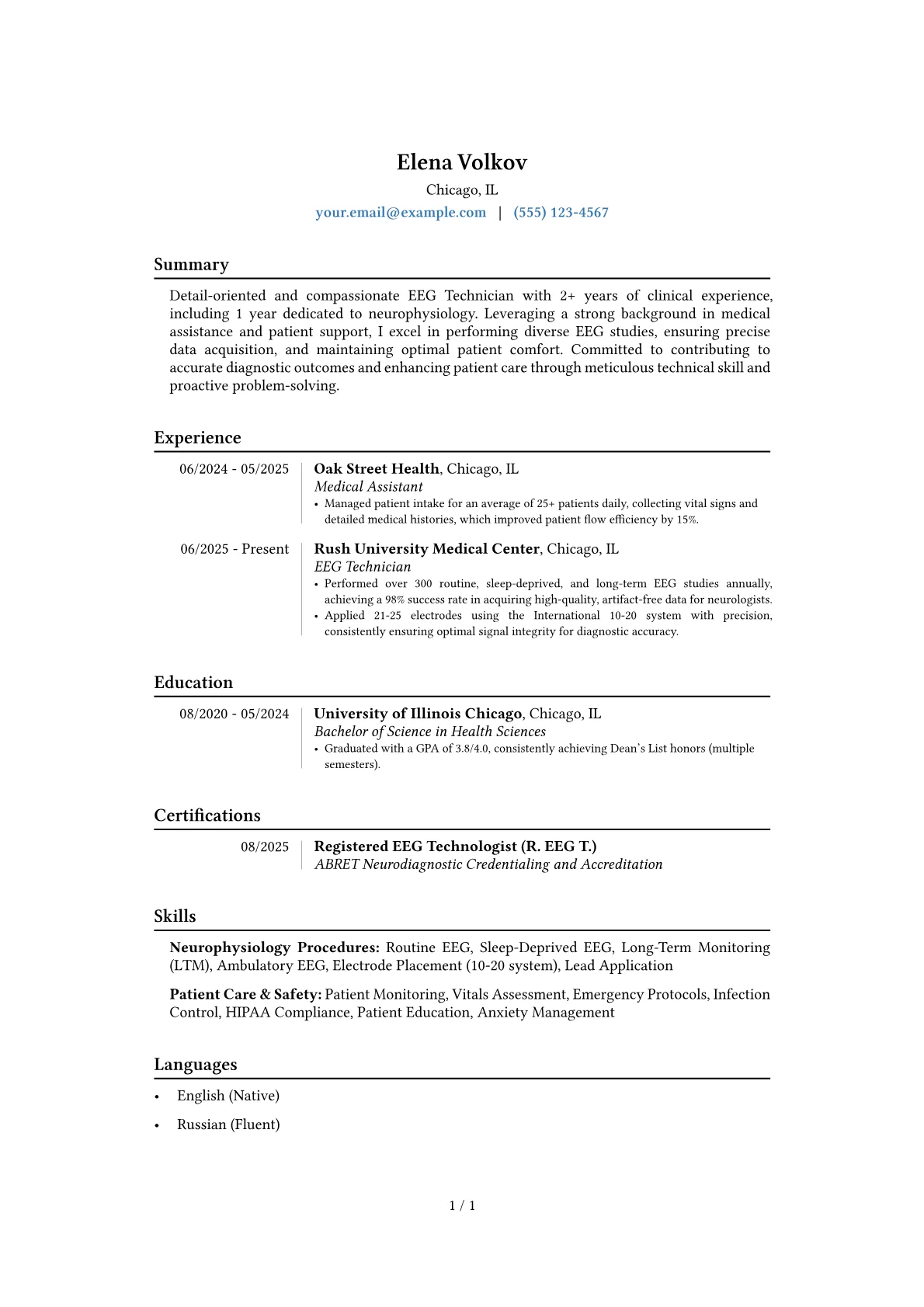 EEG Technician resume example, Career changer, page 1