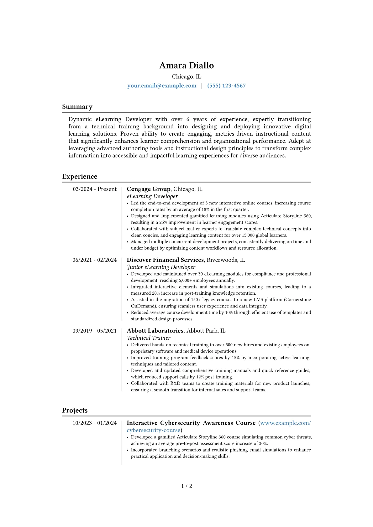 eLearning Developer resume example, Career changer, page 1