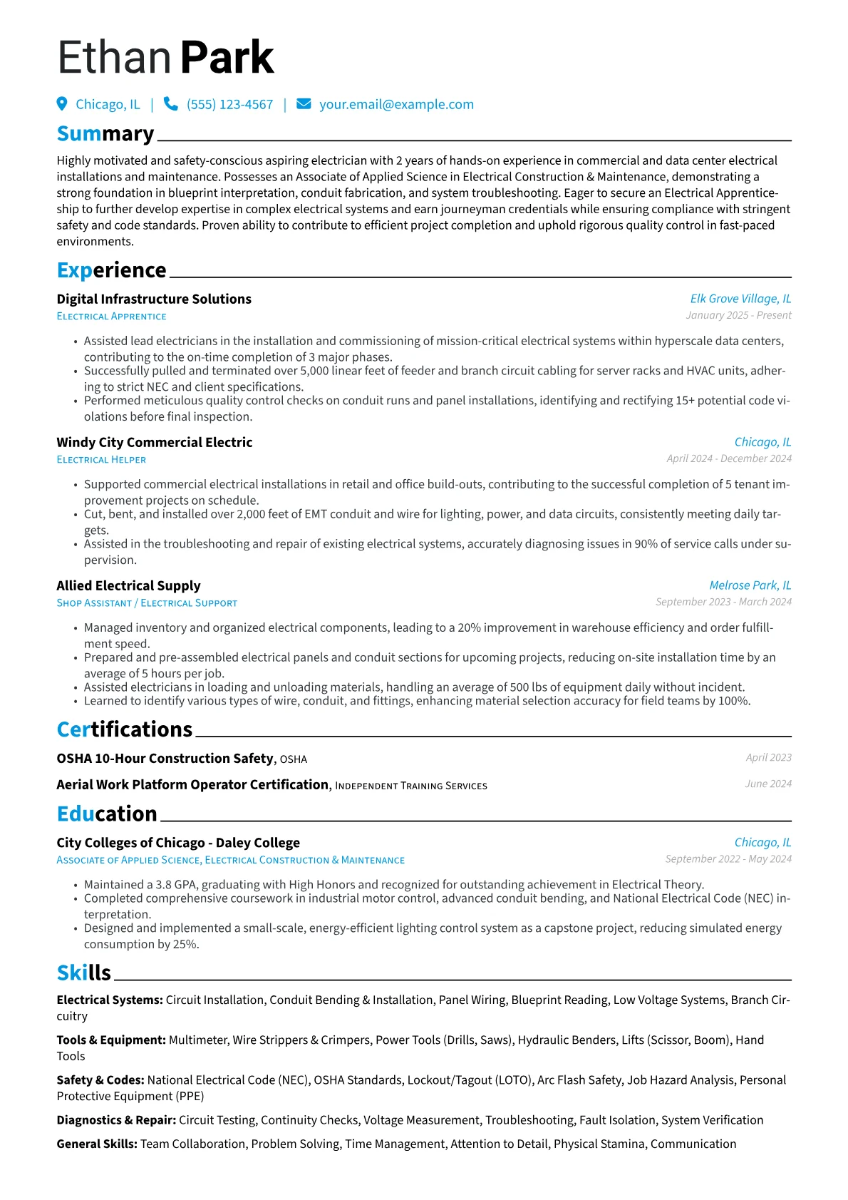 Electrical Apprenticeship resume example, Electrical Apprenticeship, page 1