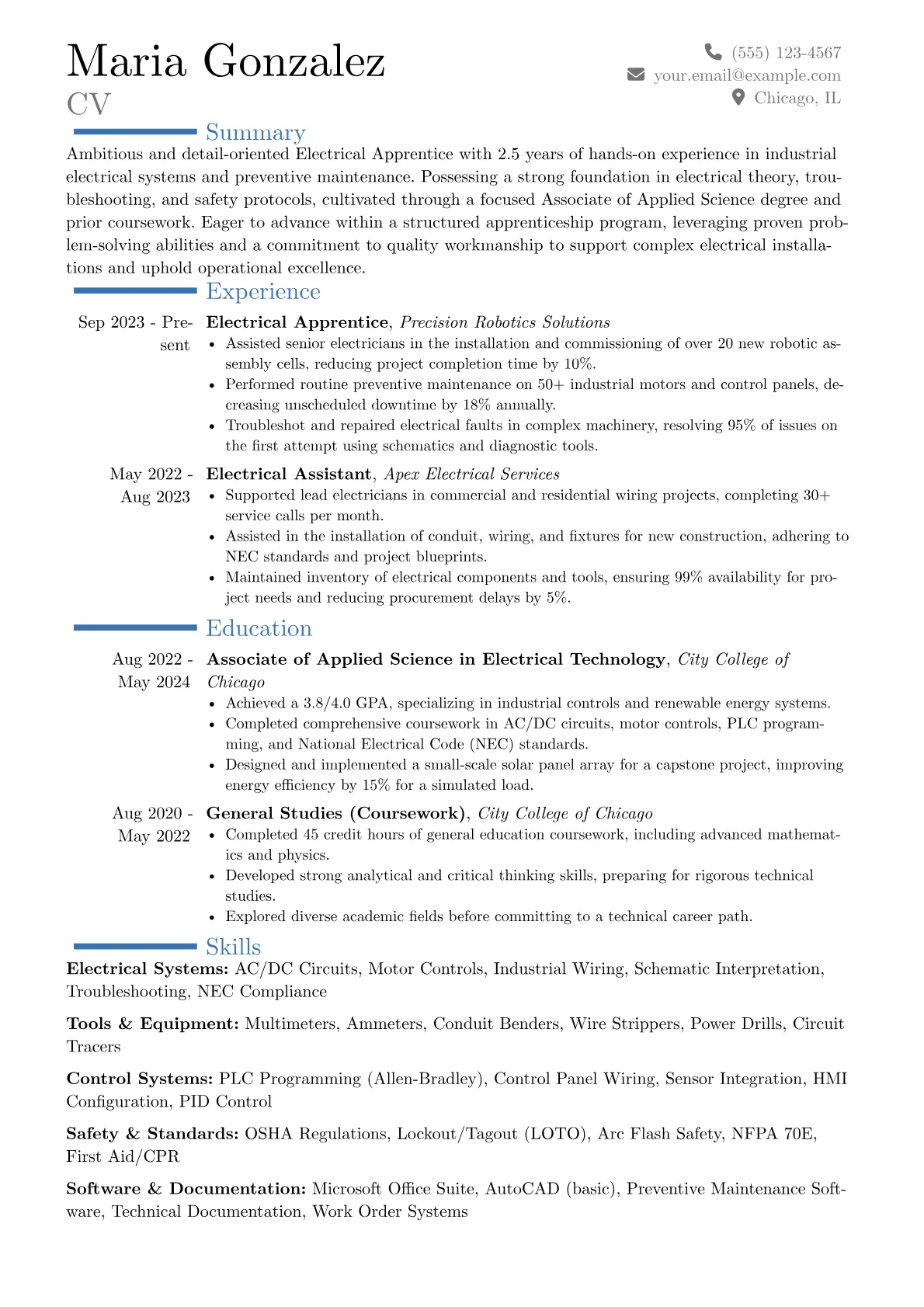 Electrical Apprenticeship resume example, Career changer, page 1