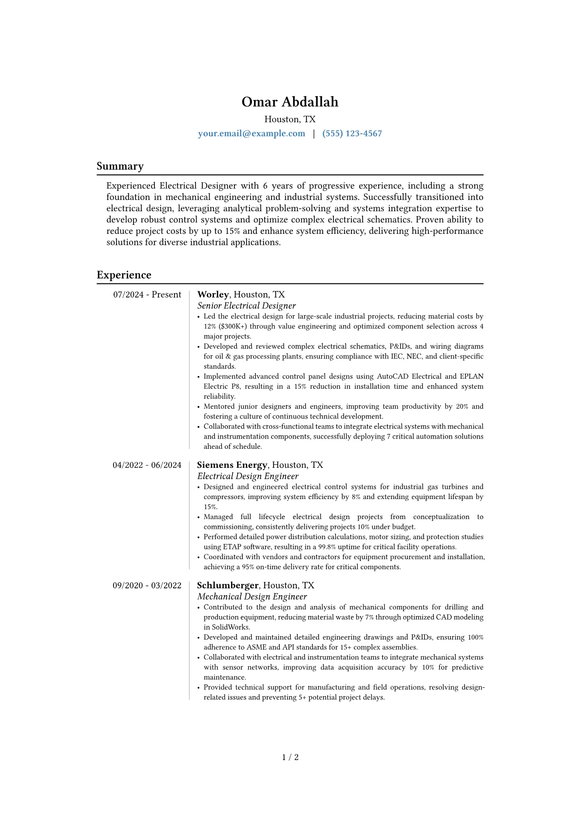 Electrical Designer resume example, Career changer, page 1