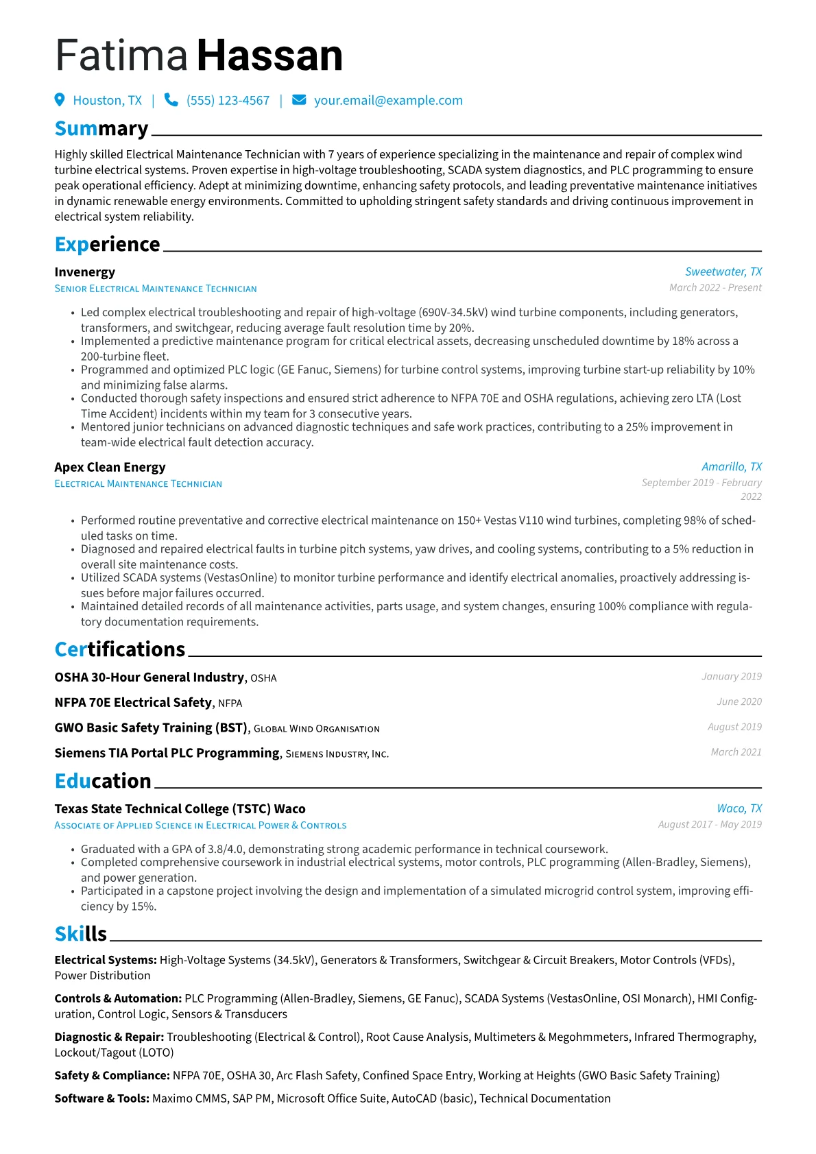 Electrical Maintenance Technician resume example, Wind Energy Electrical, page 1