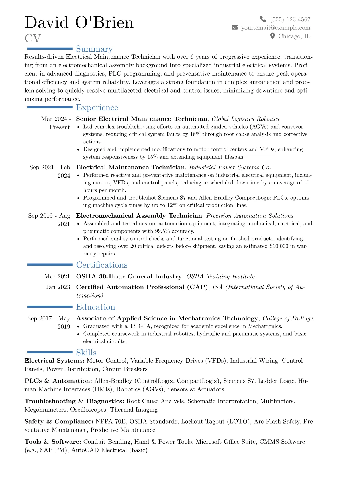 Electrical Maintenance Technician resume example, Career changer, page 1