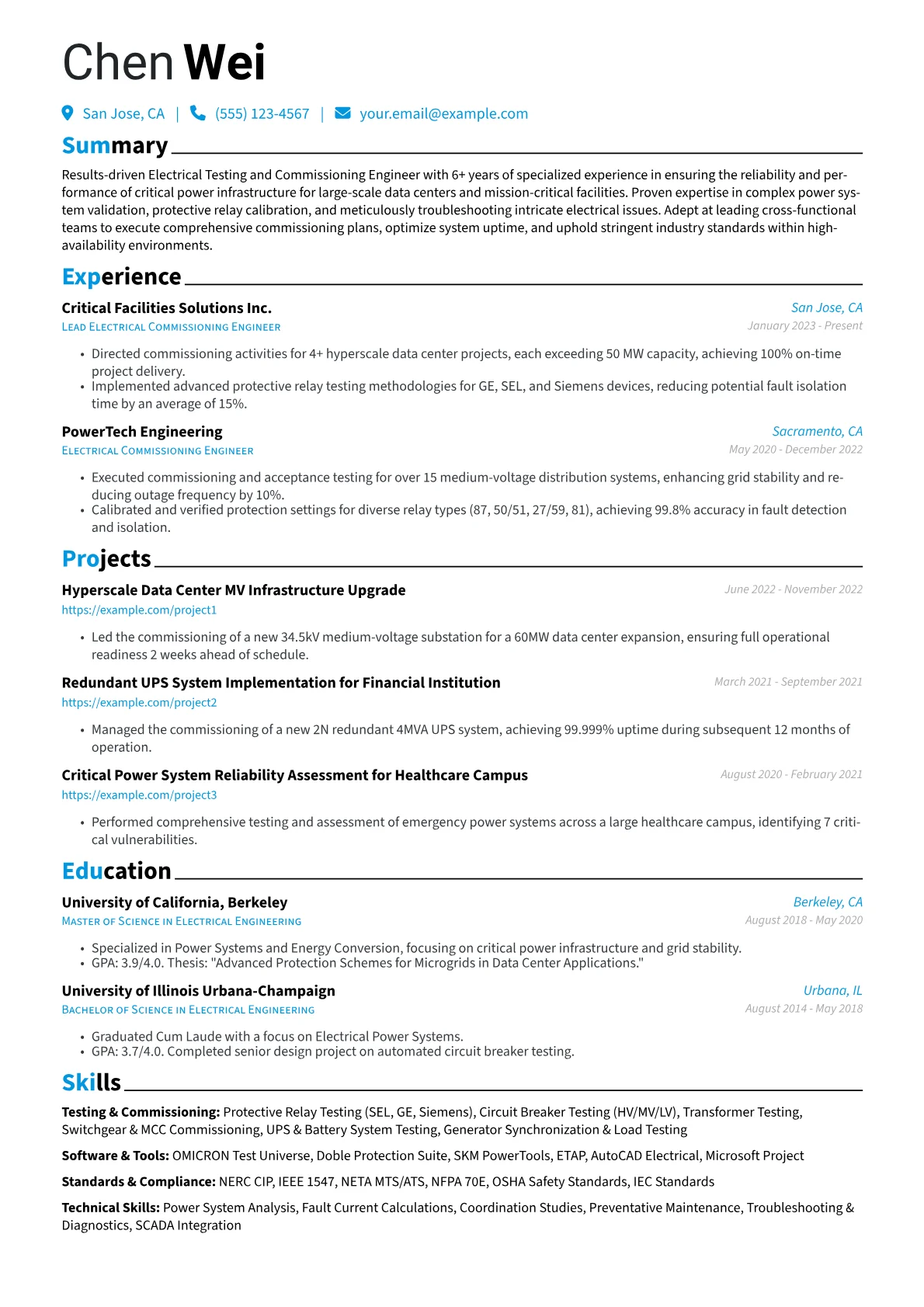 Electrical Testing and Commissioning Engineer resume example, Electrical Testing, page 1