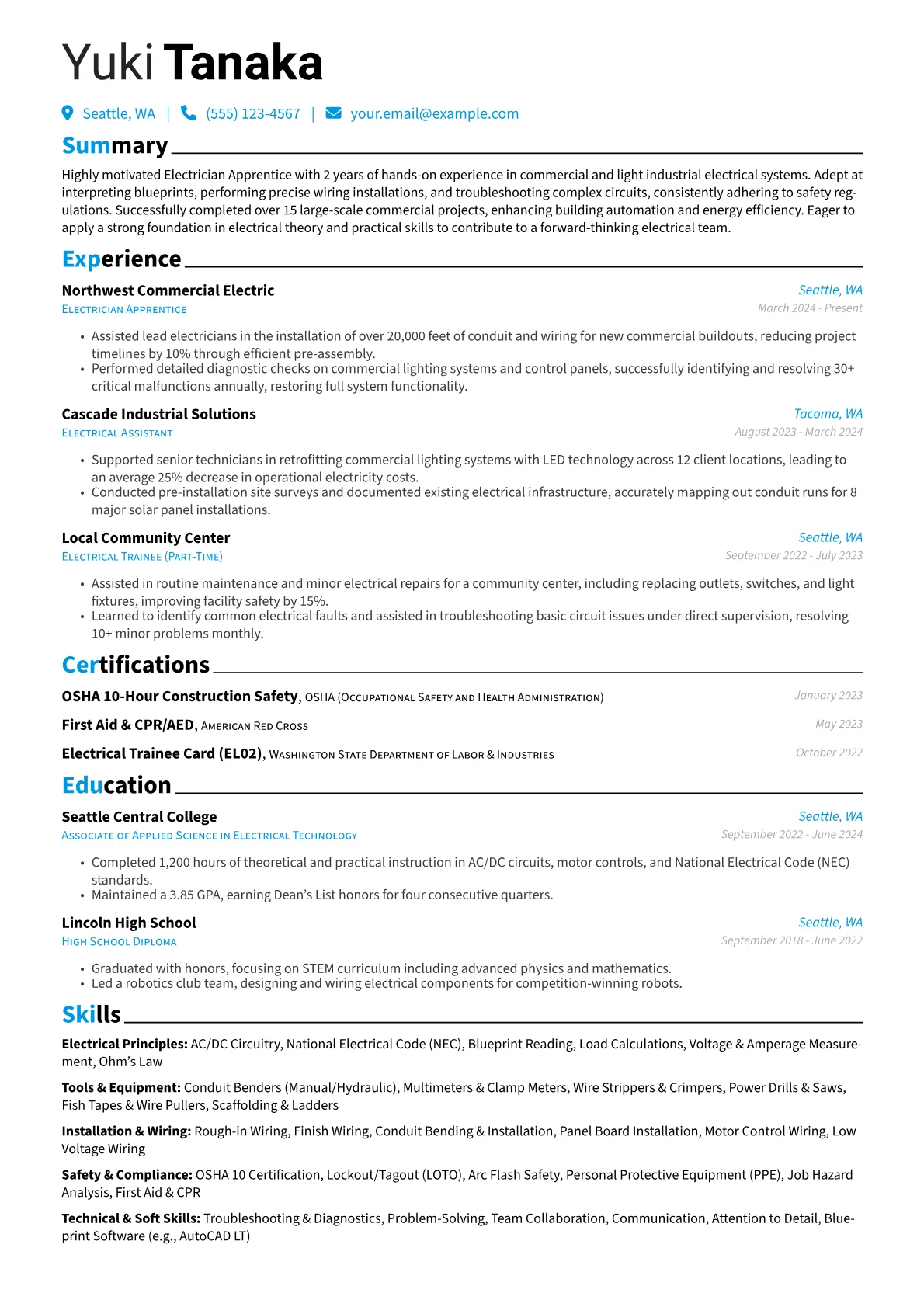Electrician Apprentice (No Experience) Resume Examples