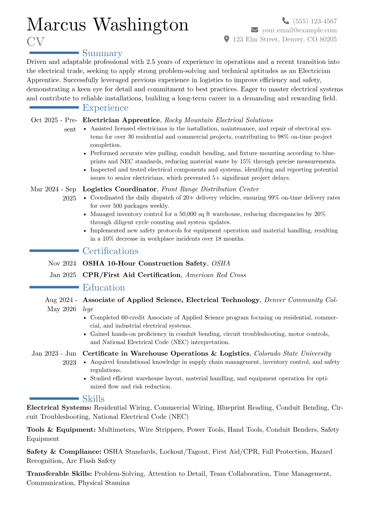 Electrician Apprentice (No Experience) Resume Examples