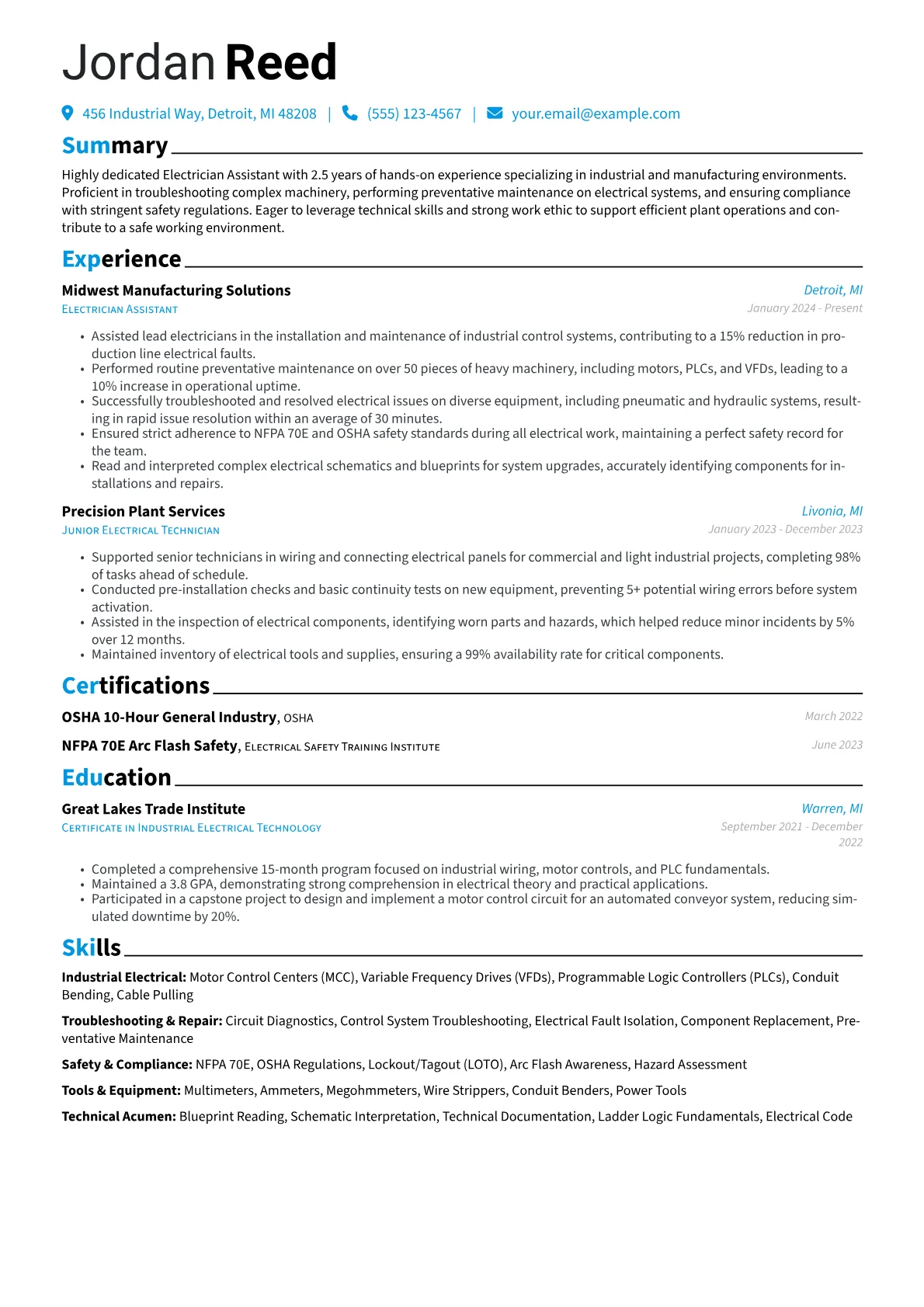 Electrician Assistant resume example, Industrial Electrician, page 1
