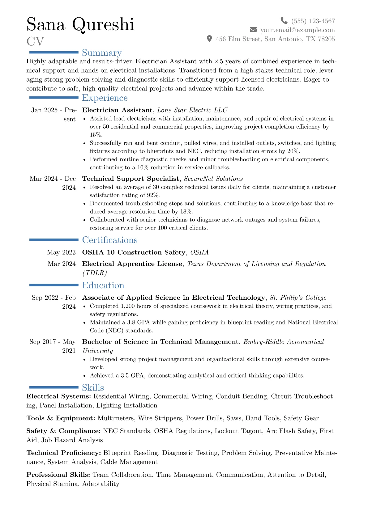 Electrician Assistant resume example, Career changer, page 1