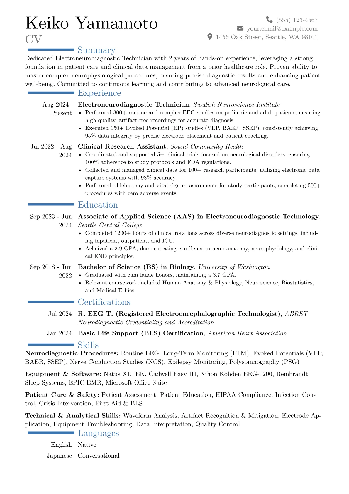 Electroneurodiagnostic Technician resume example, Career changer, page 1