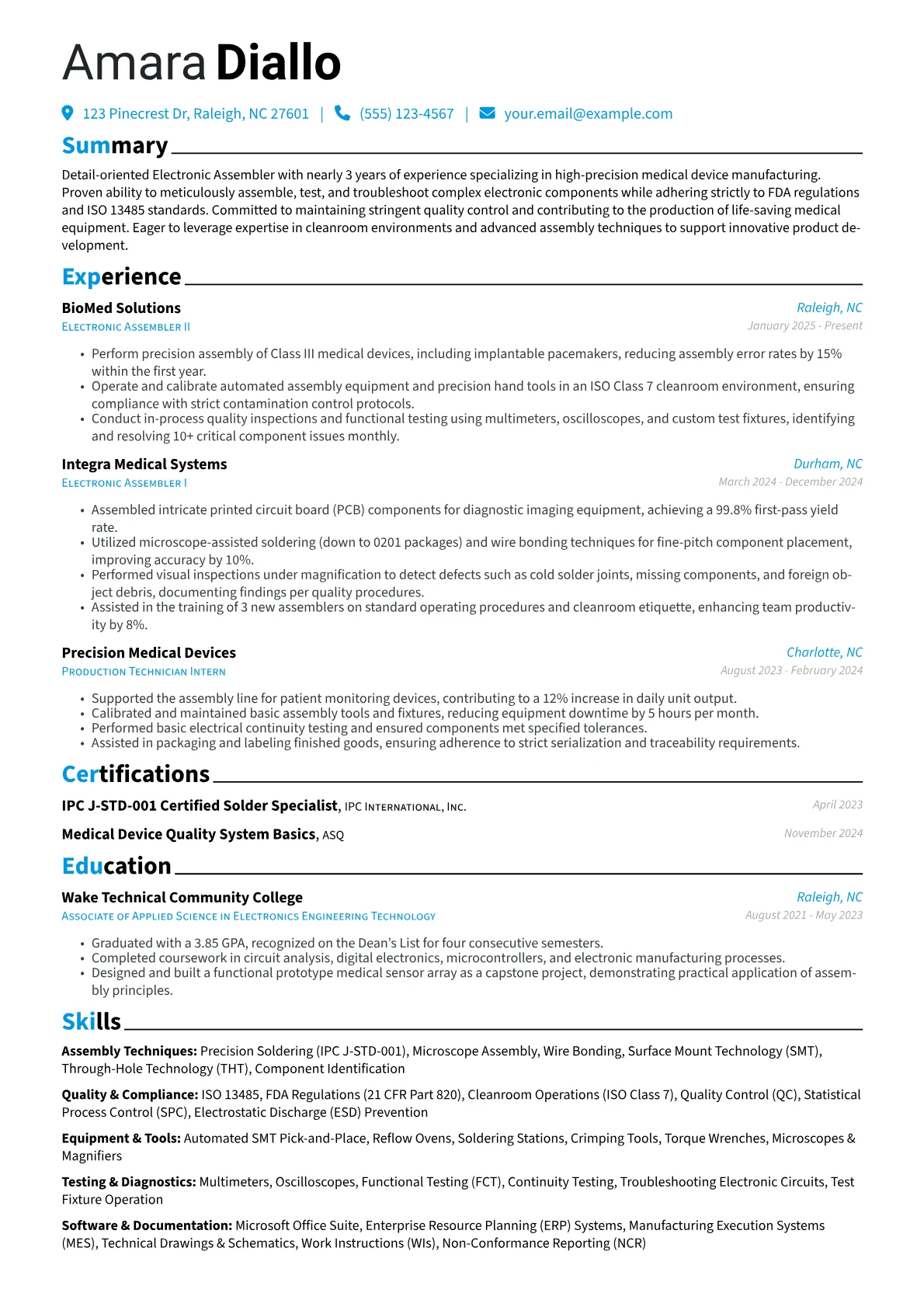 Electronic Assembler resume example, Medical Device Specialist, page 1