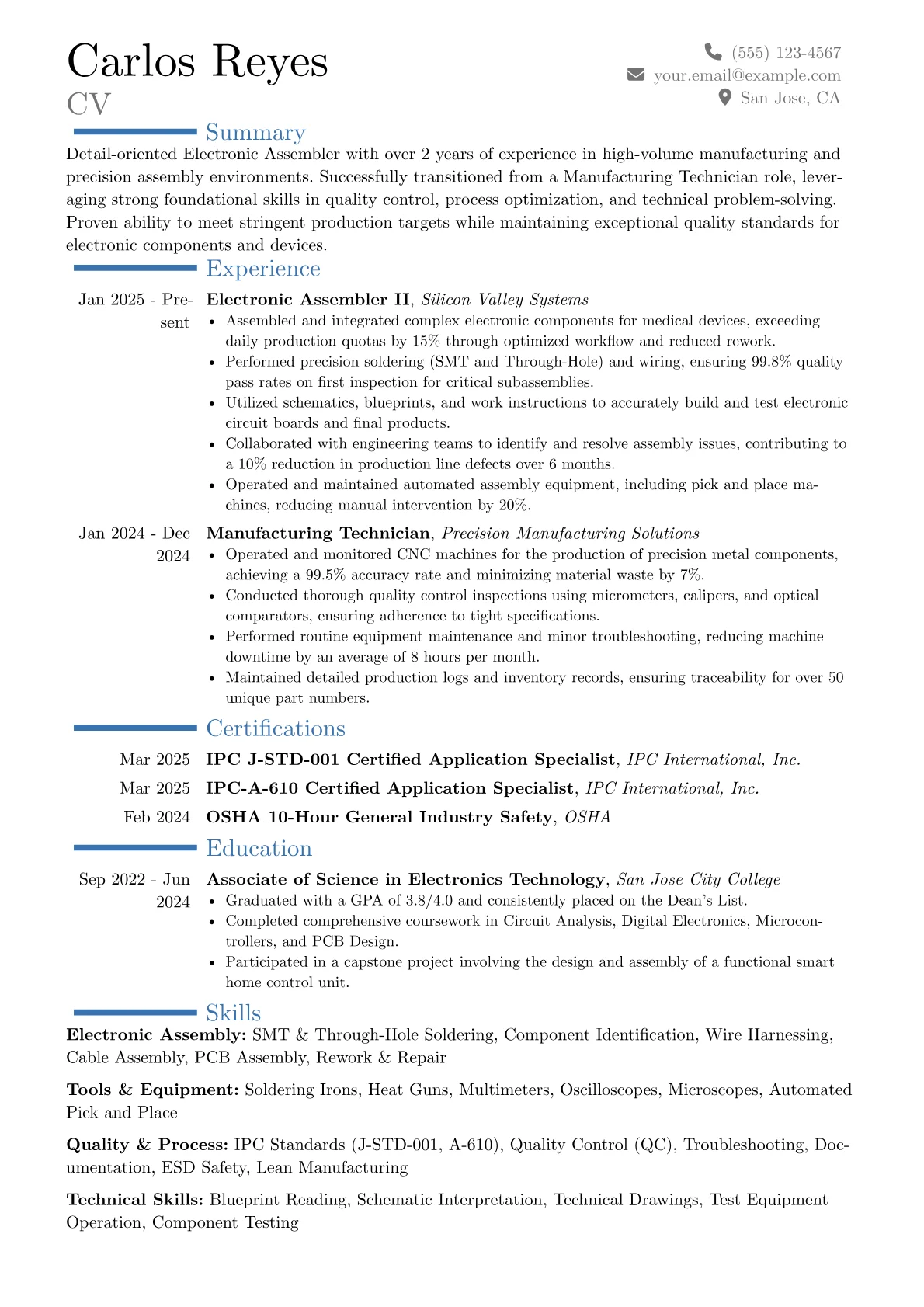 Electronic Assembler resume example, Career changer, page 1