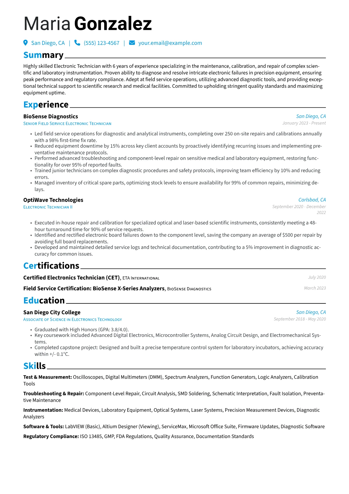Electronic Technician resume example, Scientific Instrumentation, page 1