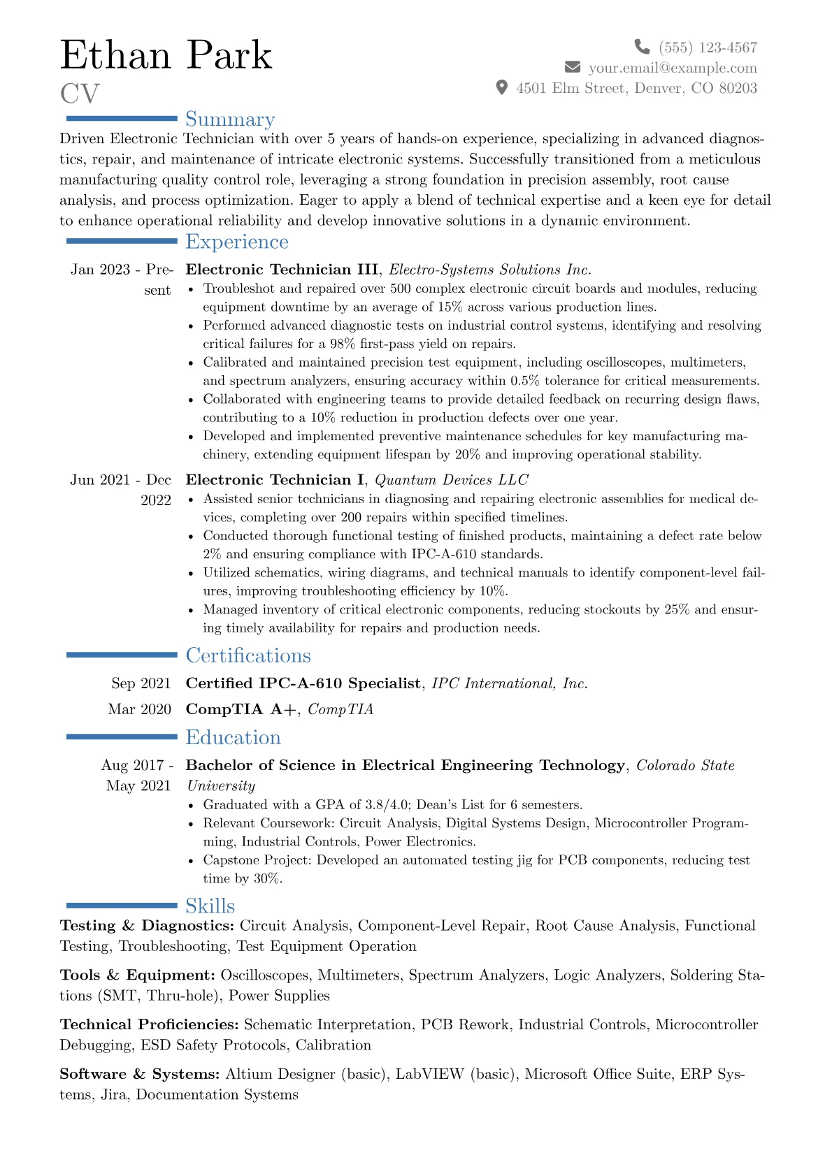 Electronic Technician resume example, Career changer, page 1
