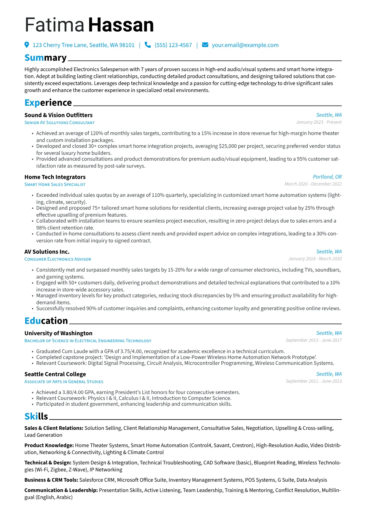 Electronics Salesperson resume example, Specialized High-End AV, page 1