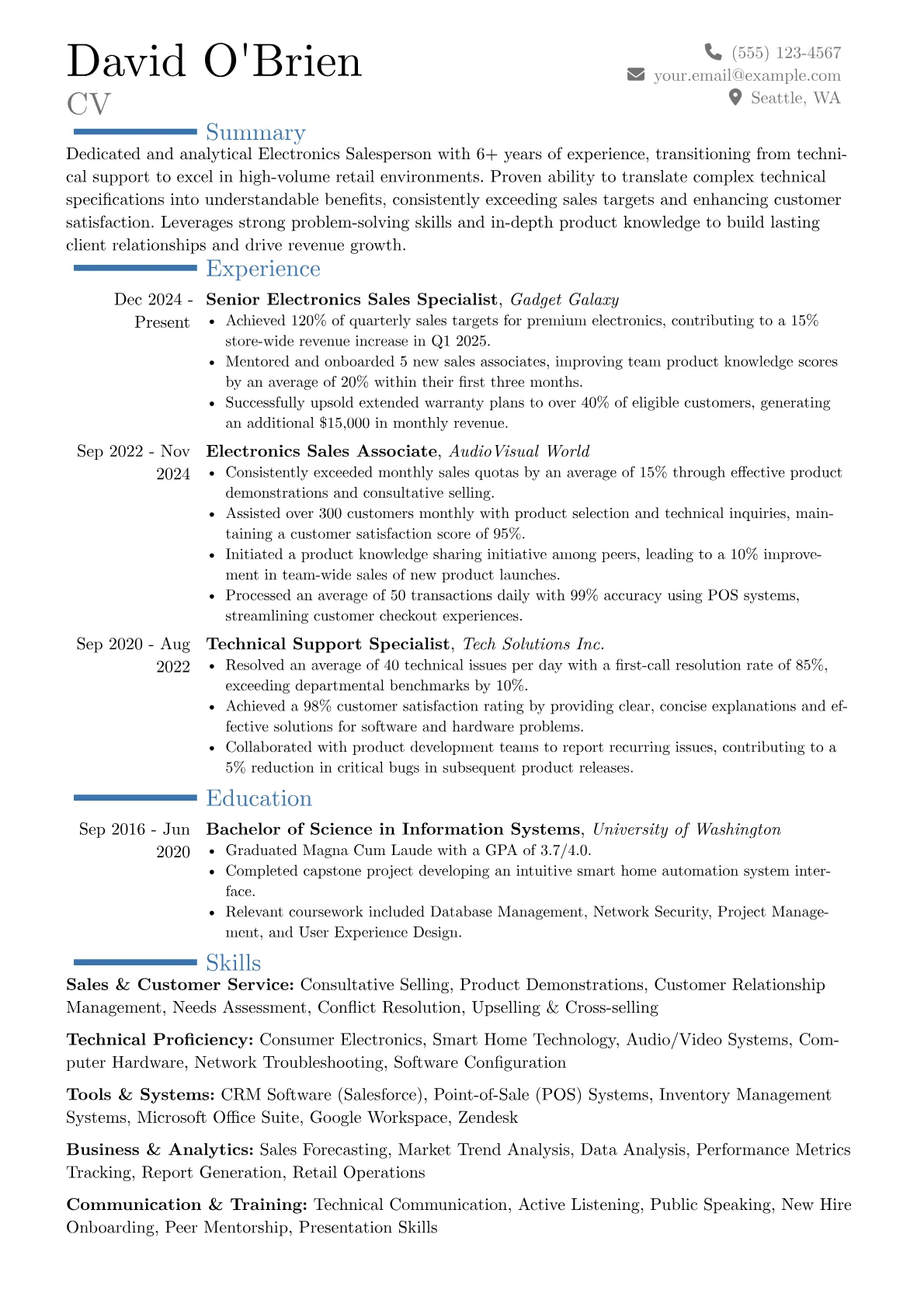 Electronics Salesperson resume example, Career changer, page 1