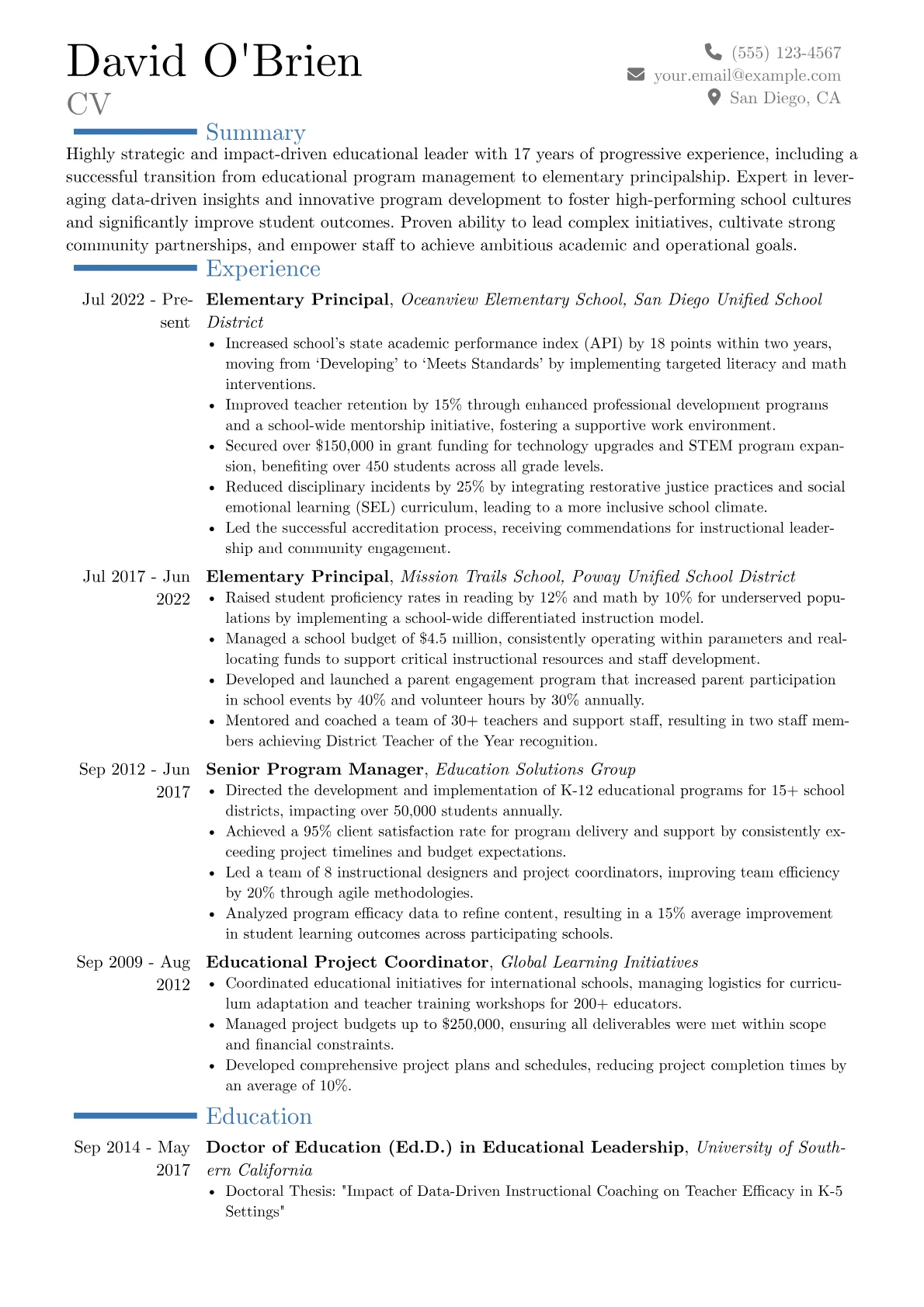 Elementary Principal resume example, Career changer, page 1