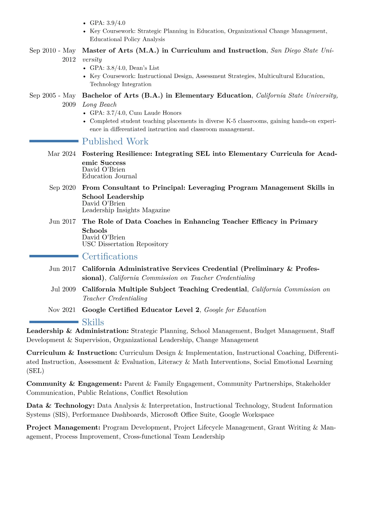 Elementary Principal resume example, Career changer, page 2