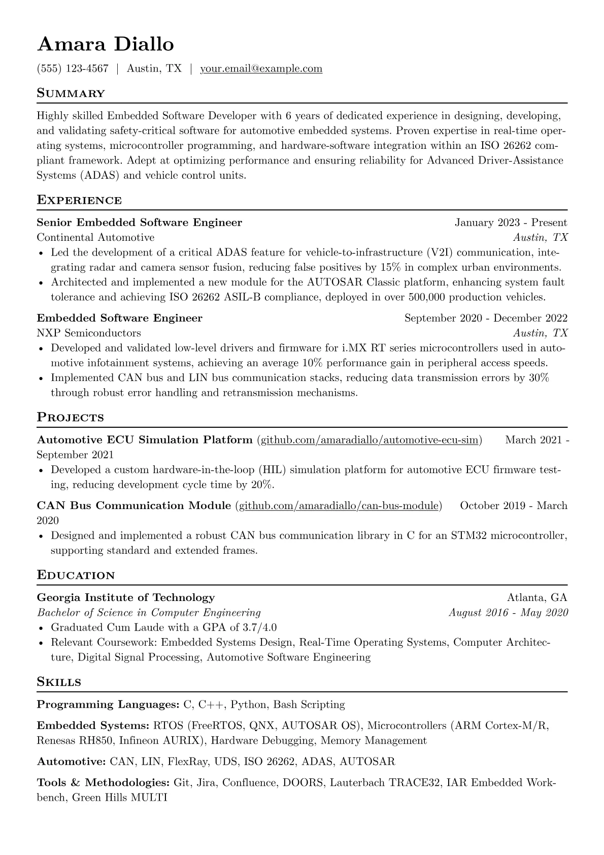 Embedded Software Developer resume example, Automotive Embedded, page 1