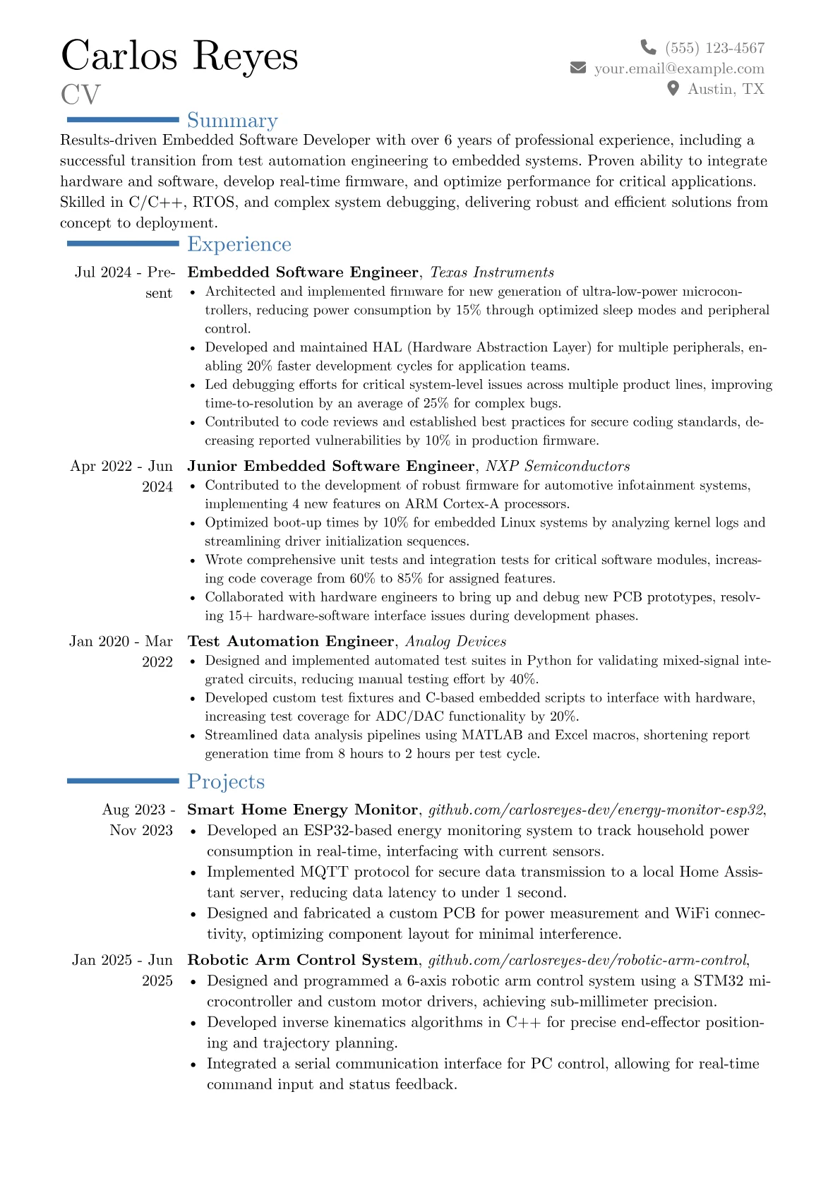 Embedded Software Developer resume example, Career changer, page 1