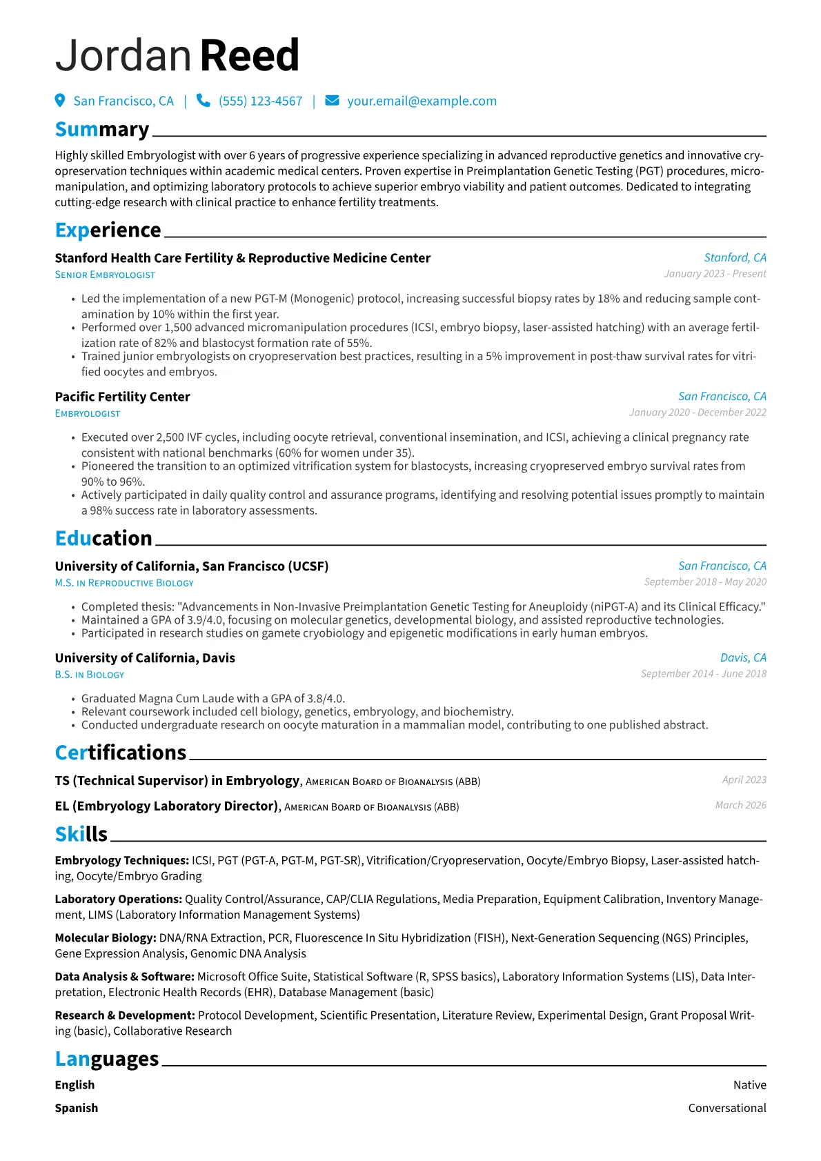 Embryologist resume example, Advanced Reproductive, page 1
