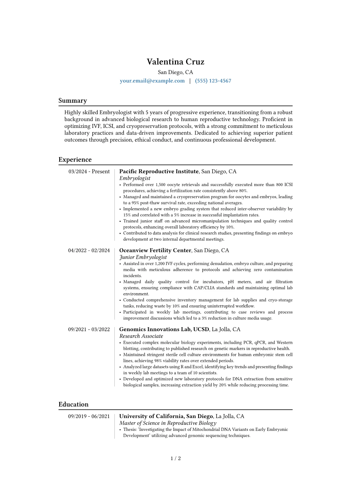 Embryologist resume example, Career changer, page 1