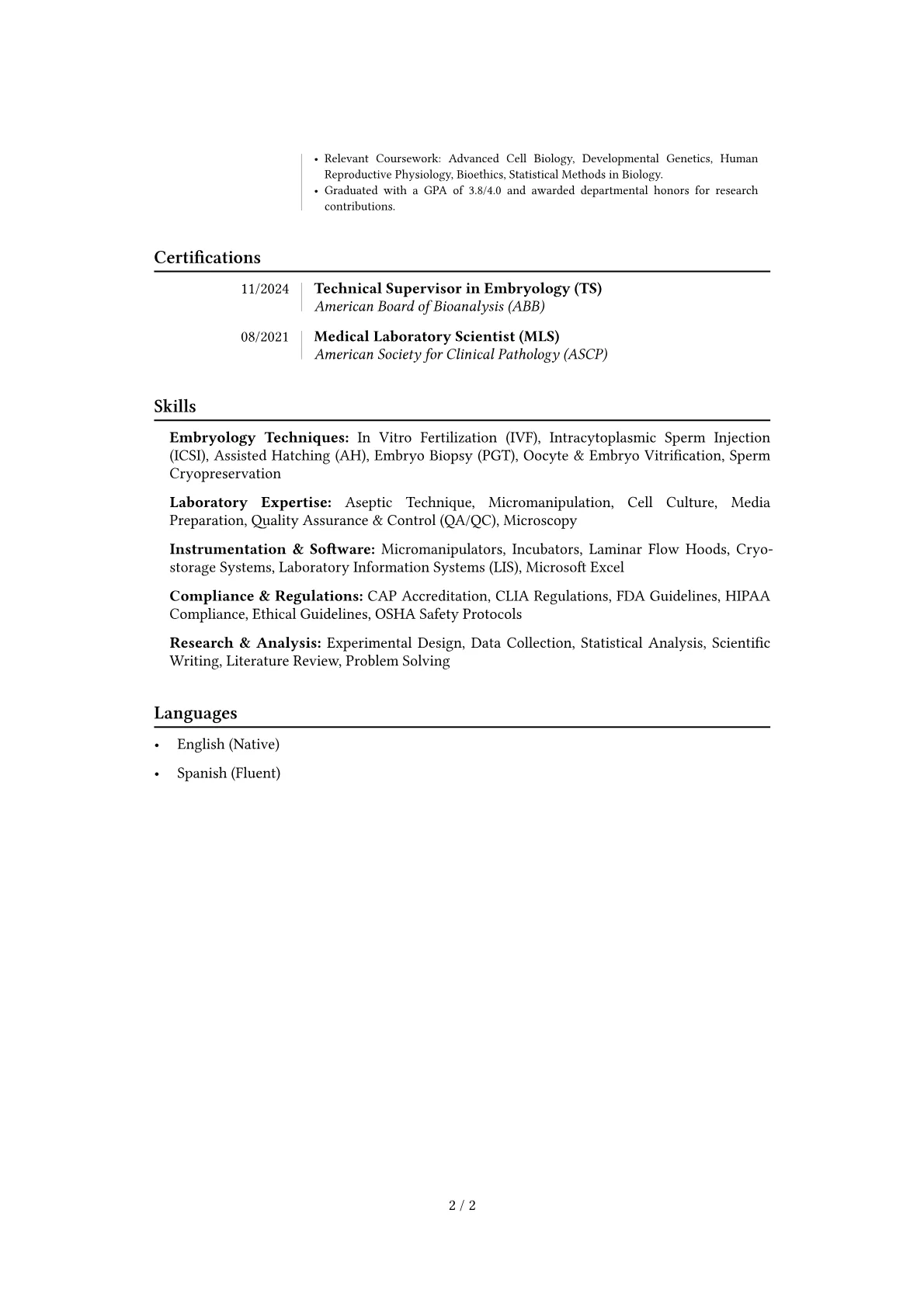 Embryologist resume example, Career changer, page 2