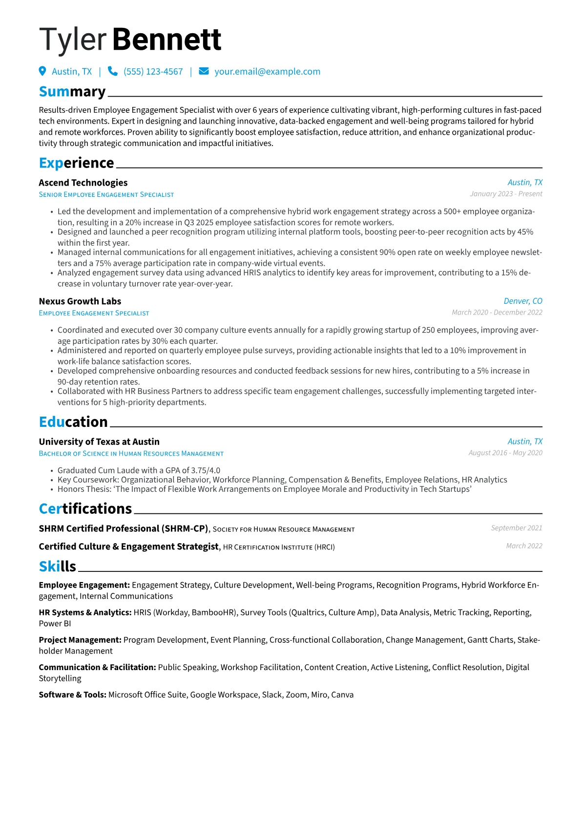 Employee Engagement Specialist resume example, Employee Engagement, page 1
