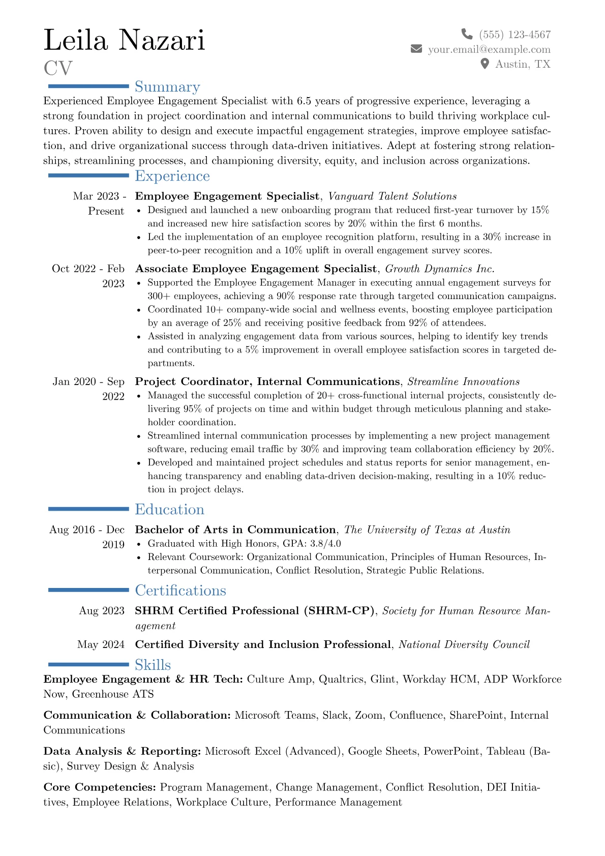 Employee Engagement Specialist resume example, Career changer, page 1