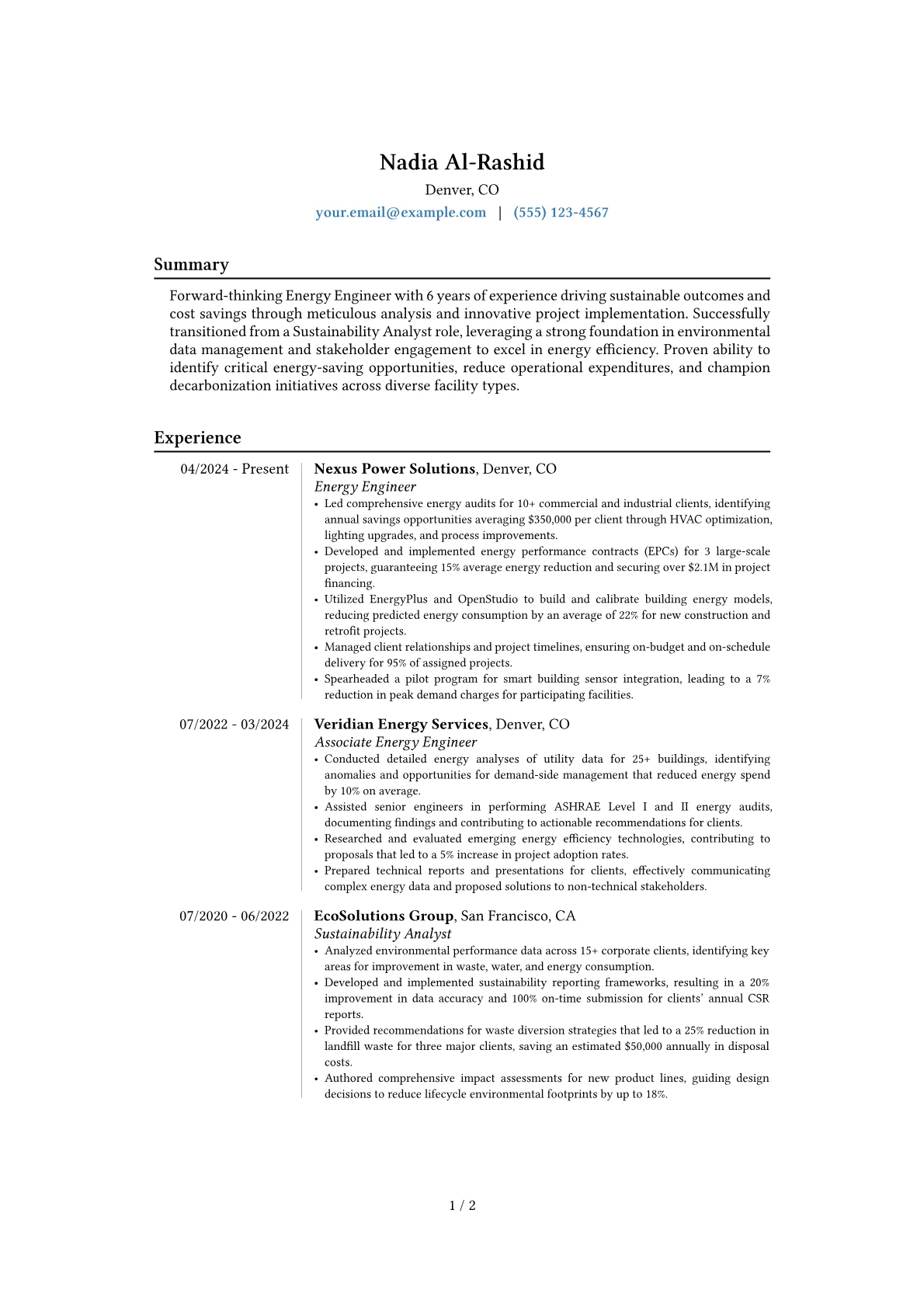 Energy Engineer resume example, Career changer, page 1