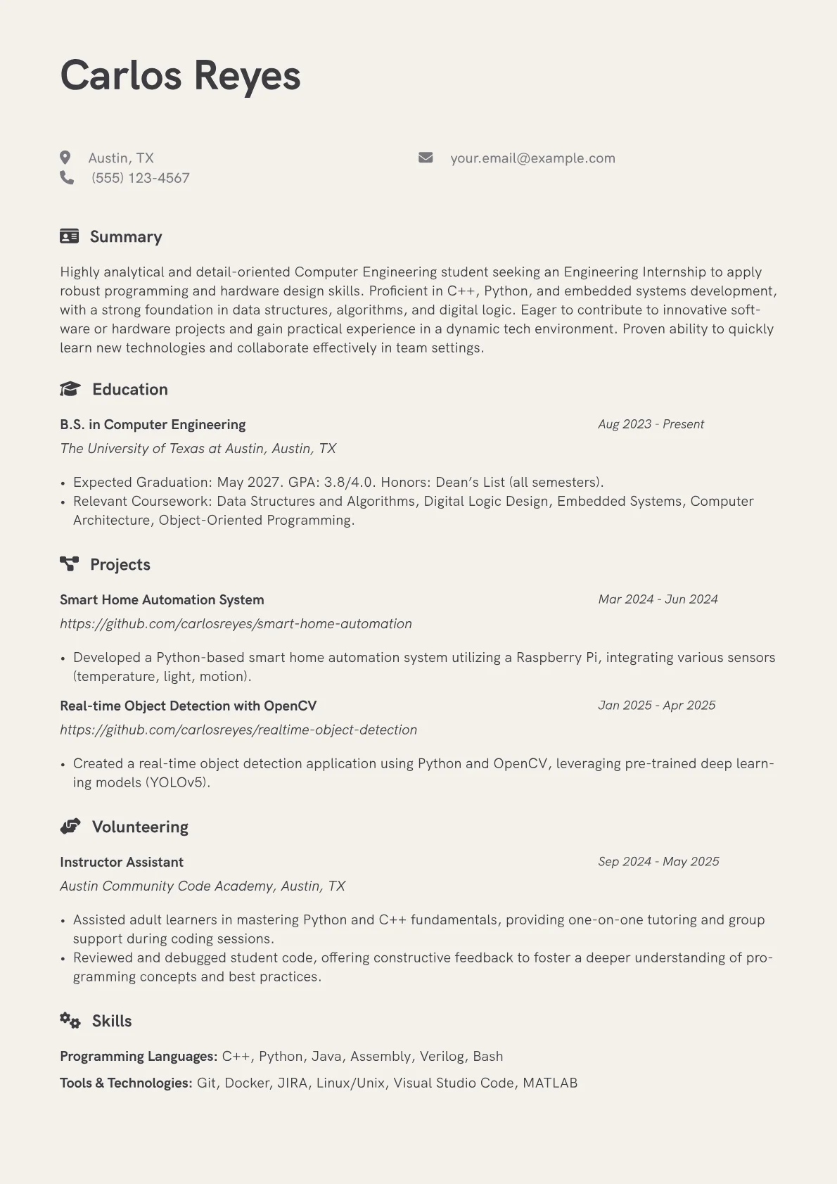 Engineering Internship resume example, Software Engineering, page 1
