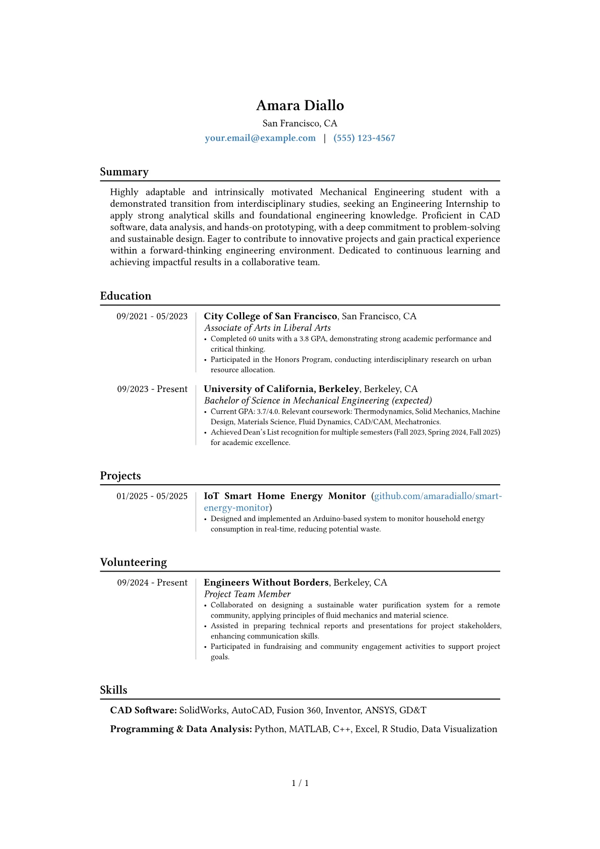 Engineering Internship resume example, Career changer, page 1