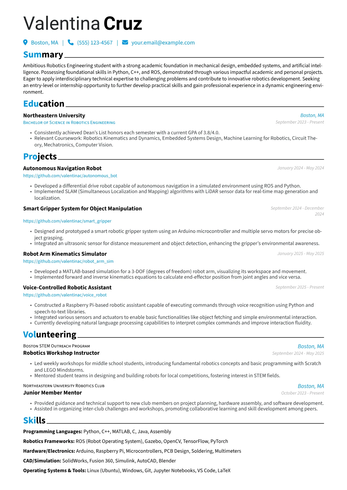 Engineering Student with No Experience resume example, Robotics Engineering, page 1