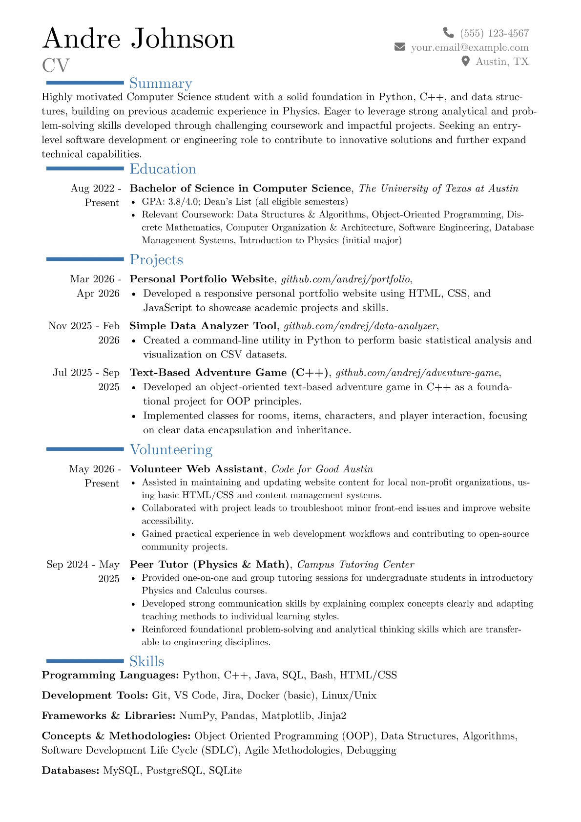 Engineering Student with No Experience resume example, Career changer, page 1