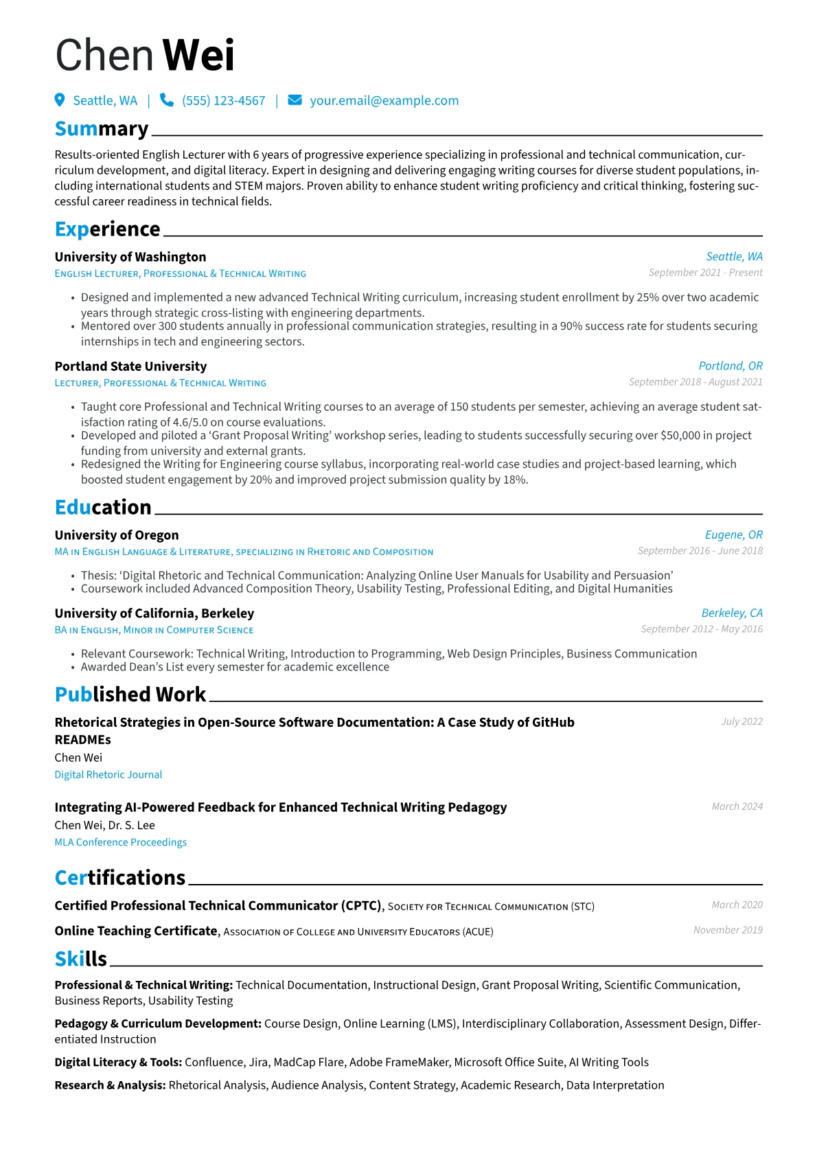 English Lecturer resume example, Technical Communication, page 1