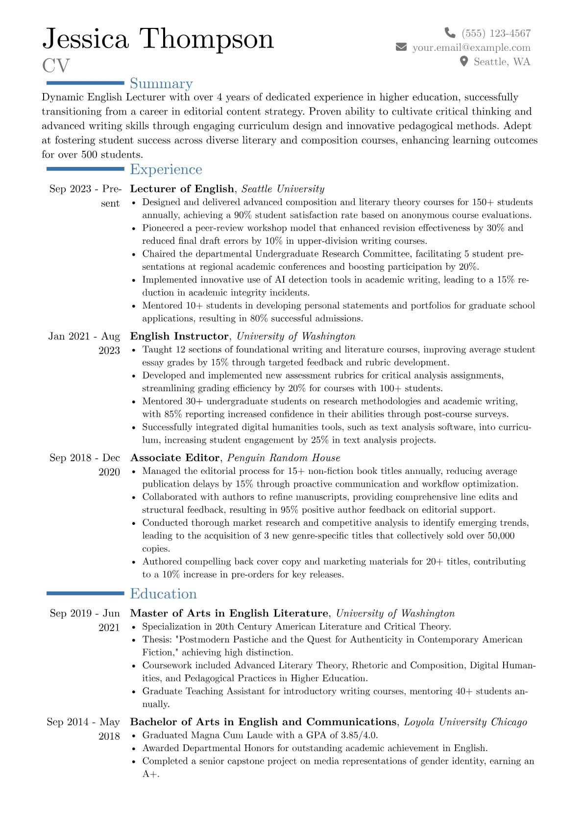 English Lecturer resume example, Career changer, page 1