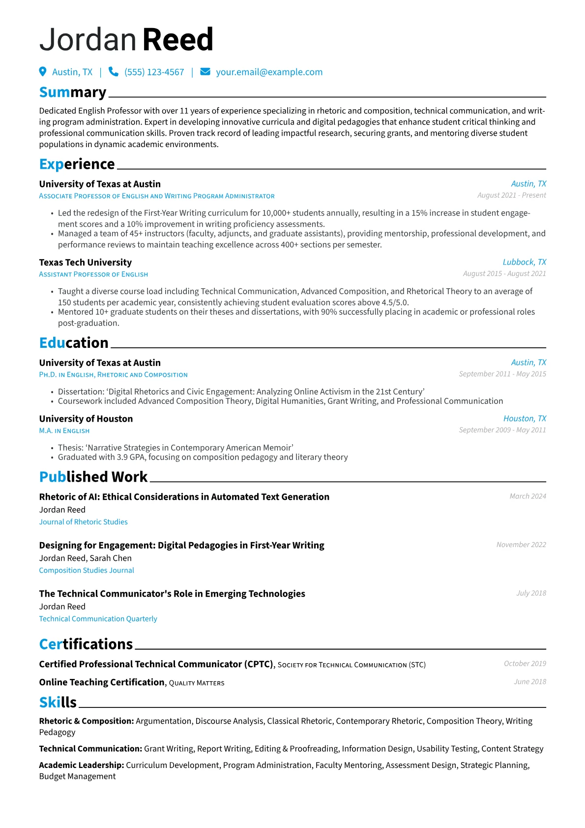 English Professor resume example, Rhetoric & Technical, page 1