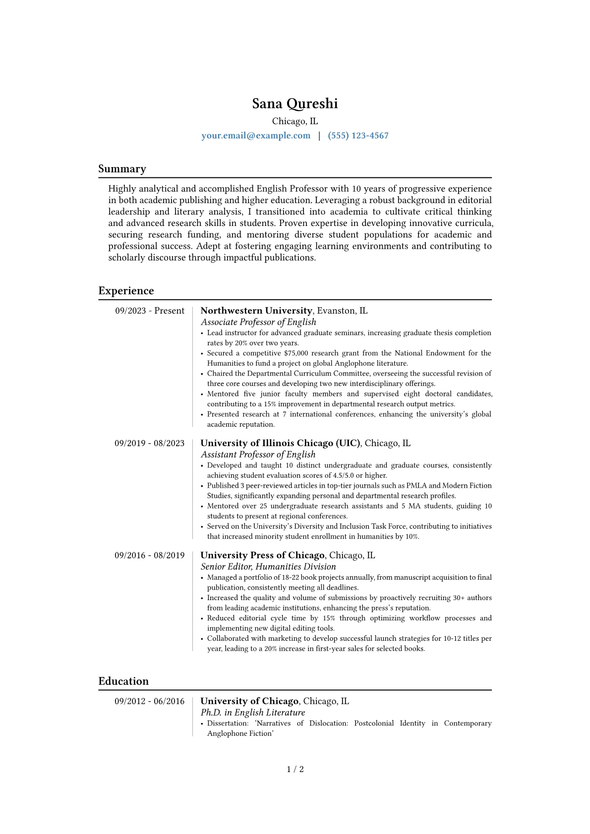 English Professor resume example, Career changer, page 1