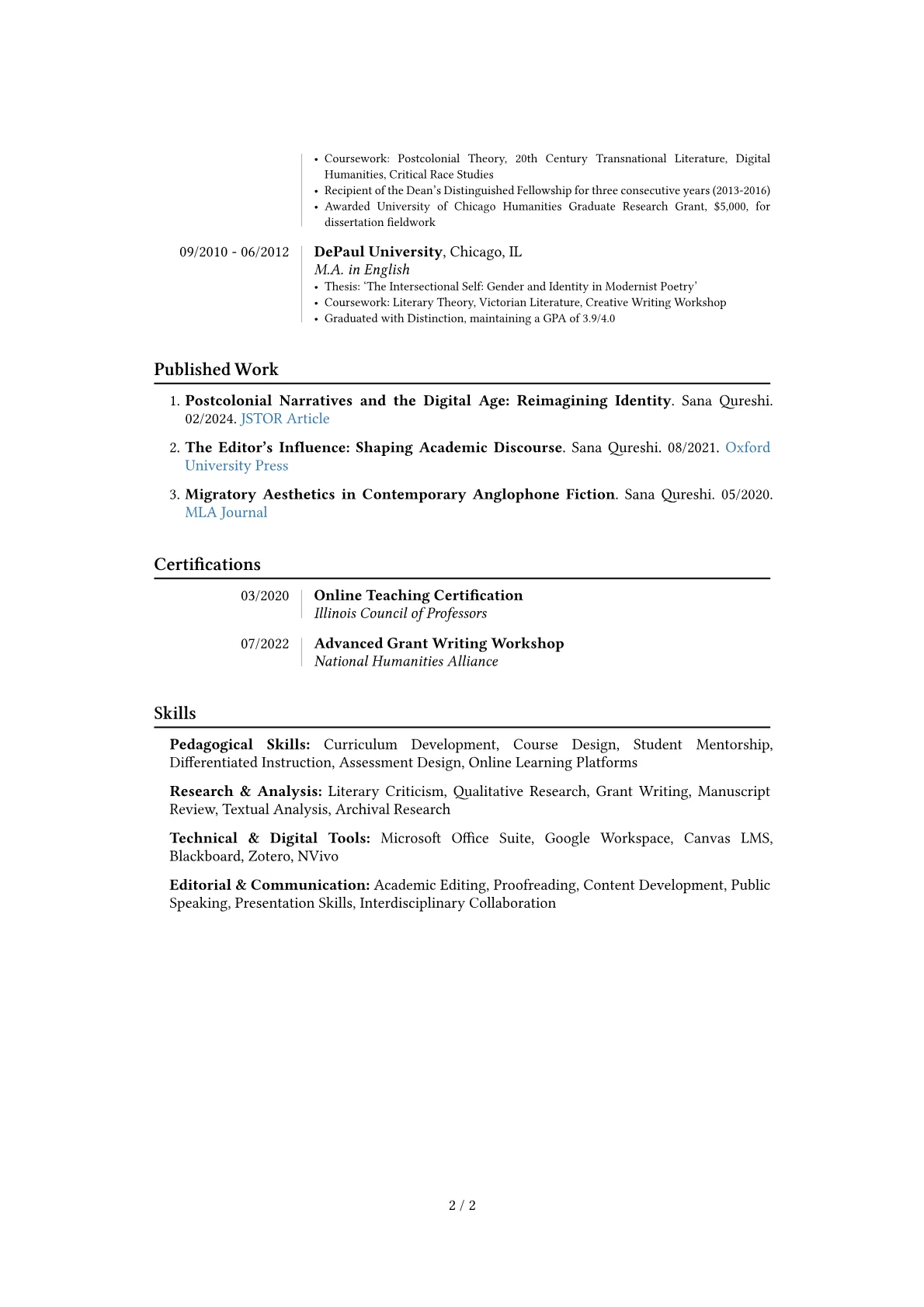 English Professor resume example, Career changer, page 2