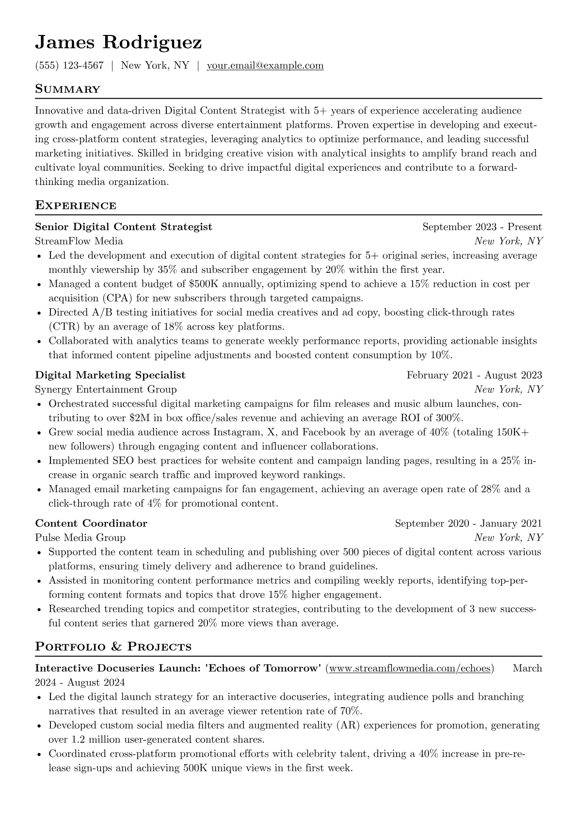 Entertainment Industry resume example, Entertainment Industry, page 1