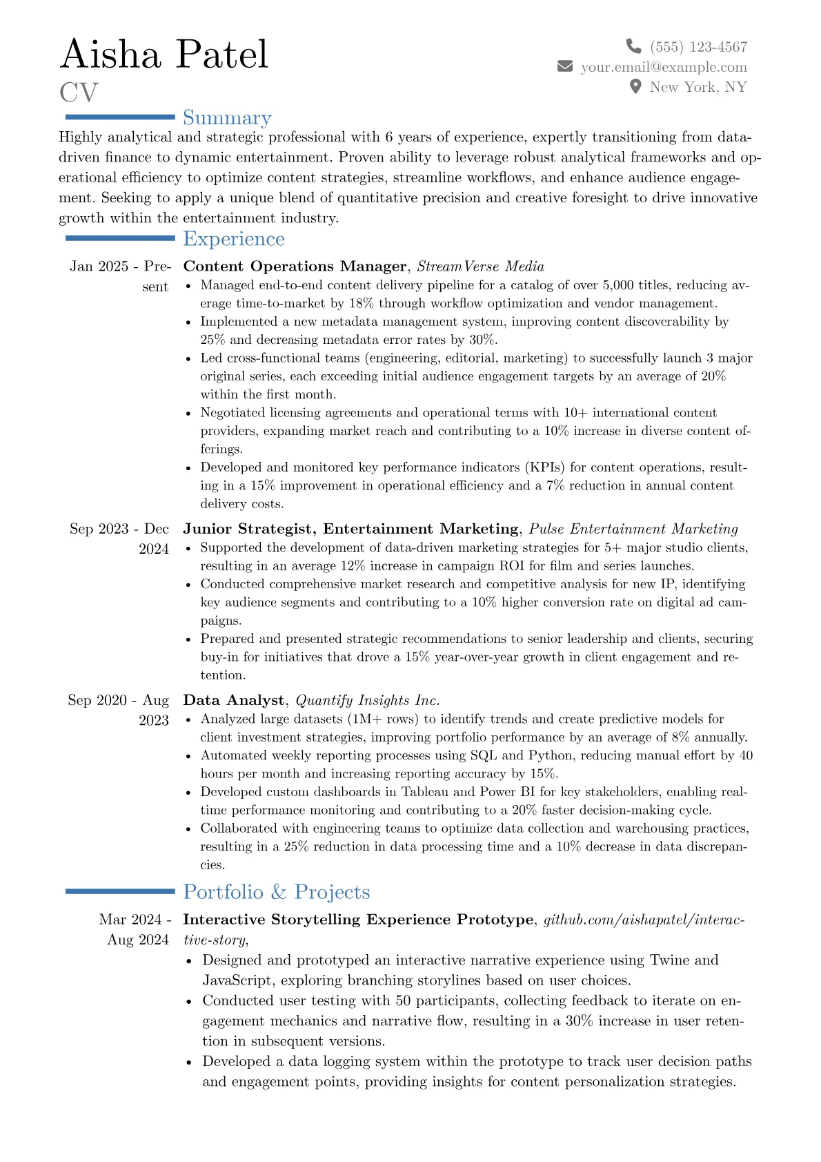 Entertainment Industry resume example, Career changer, page 1