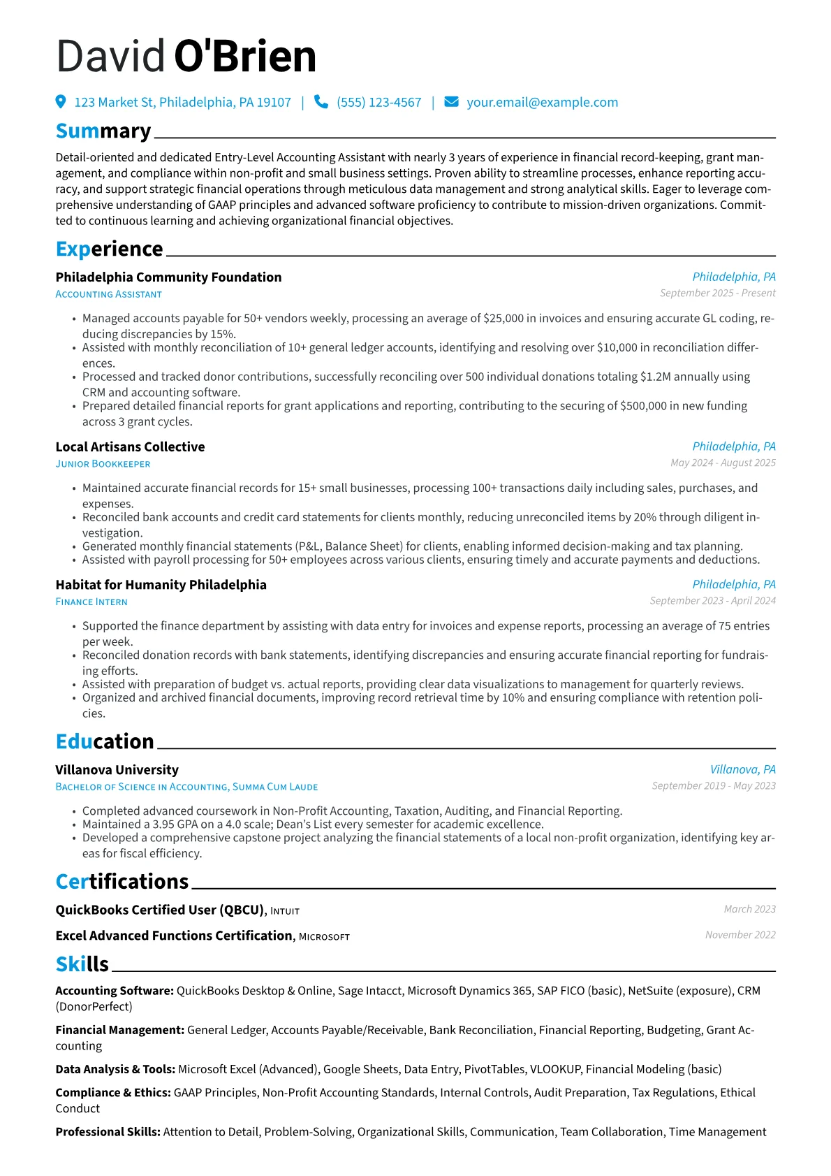 Entry-Level Accounting Assistant resume example, Non-Profit Accounting, page 1