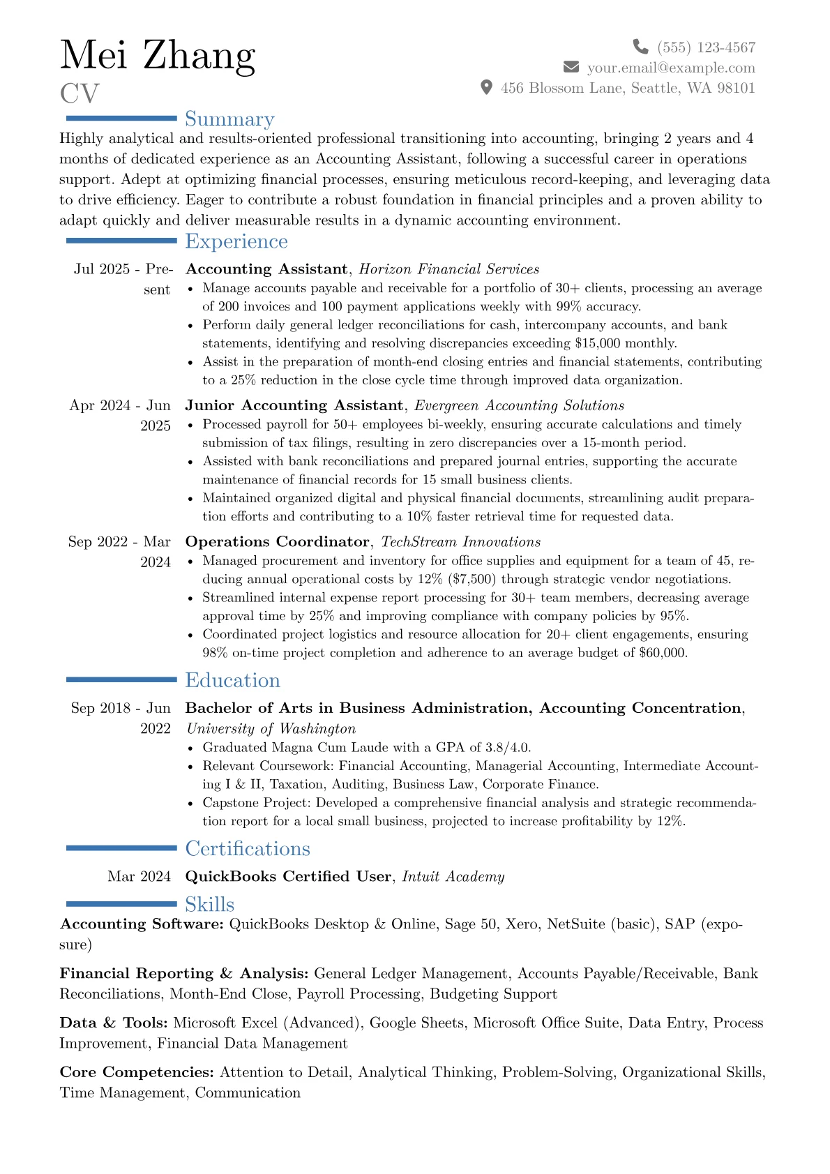 Entry-Level Accounting Assistant resume example, Career changer, page 1