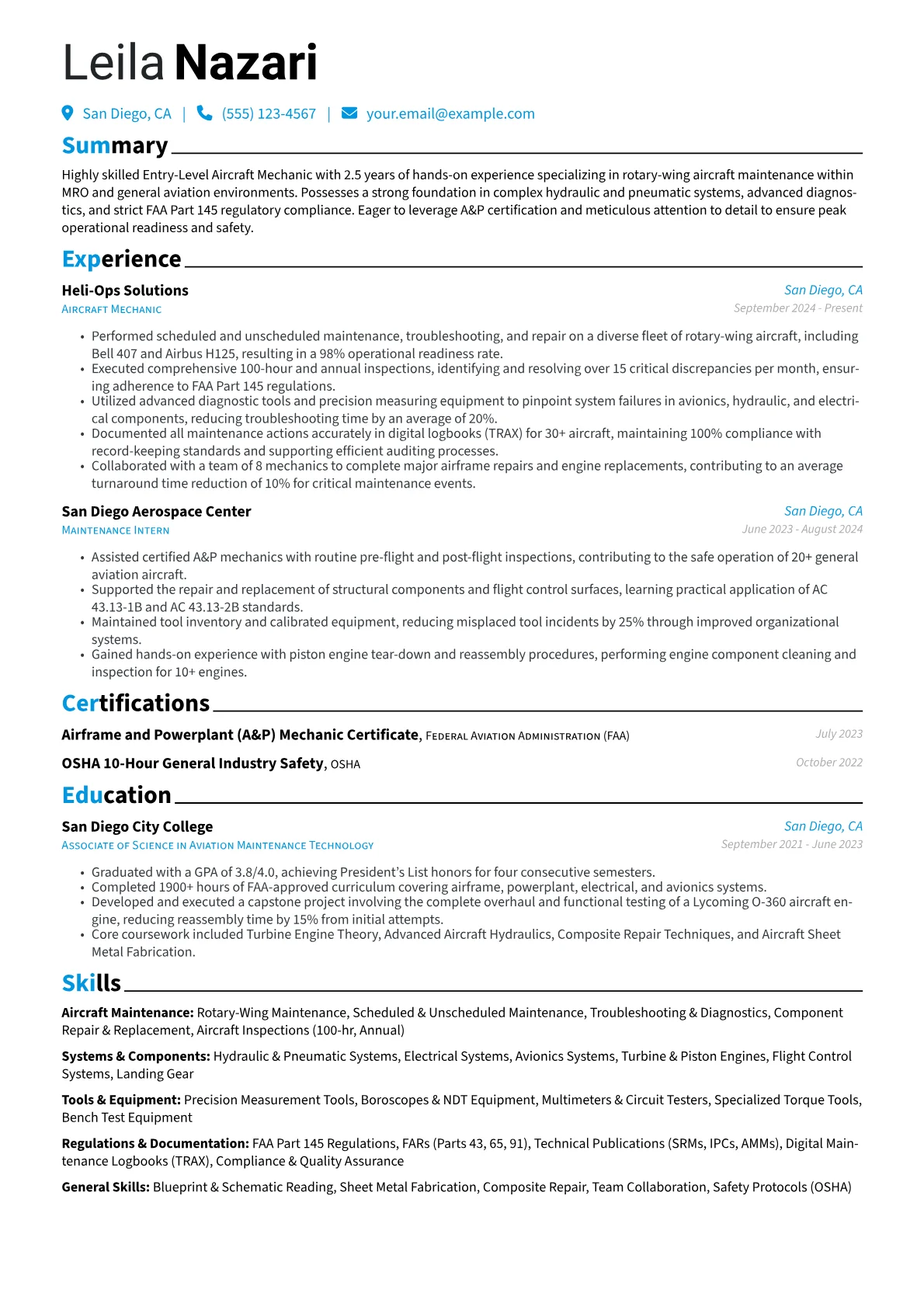 Entry-Level Aircraft Mechanic resume example, Entry-Level Aircraft, page 1