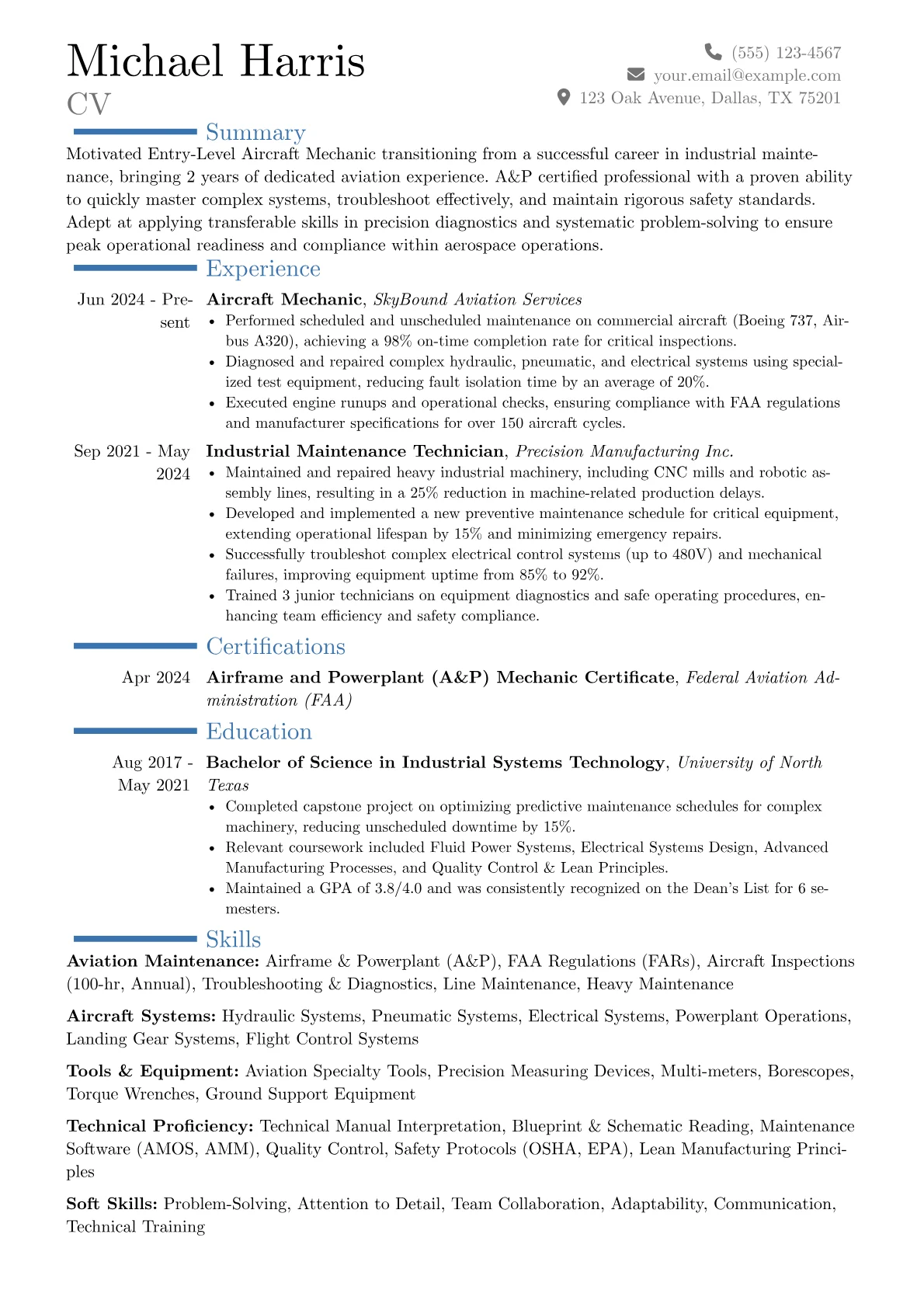 Entry-Level Aircraft Mechanic resume example, Career changer, page 1